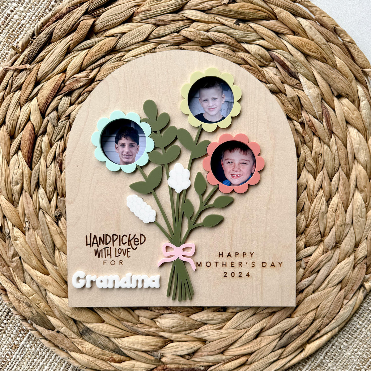 Handpicked with Love photo flower sign in maple wood and acrylic