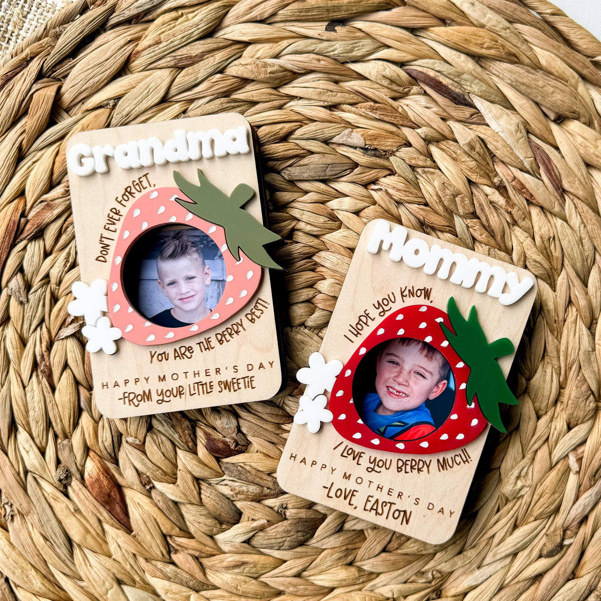 Berry Sweet strawberry photo frame in maple wood with acrylic accents