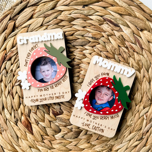 Berry Sweet strawberry photo frame in maple wood with acrylic accents
