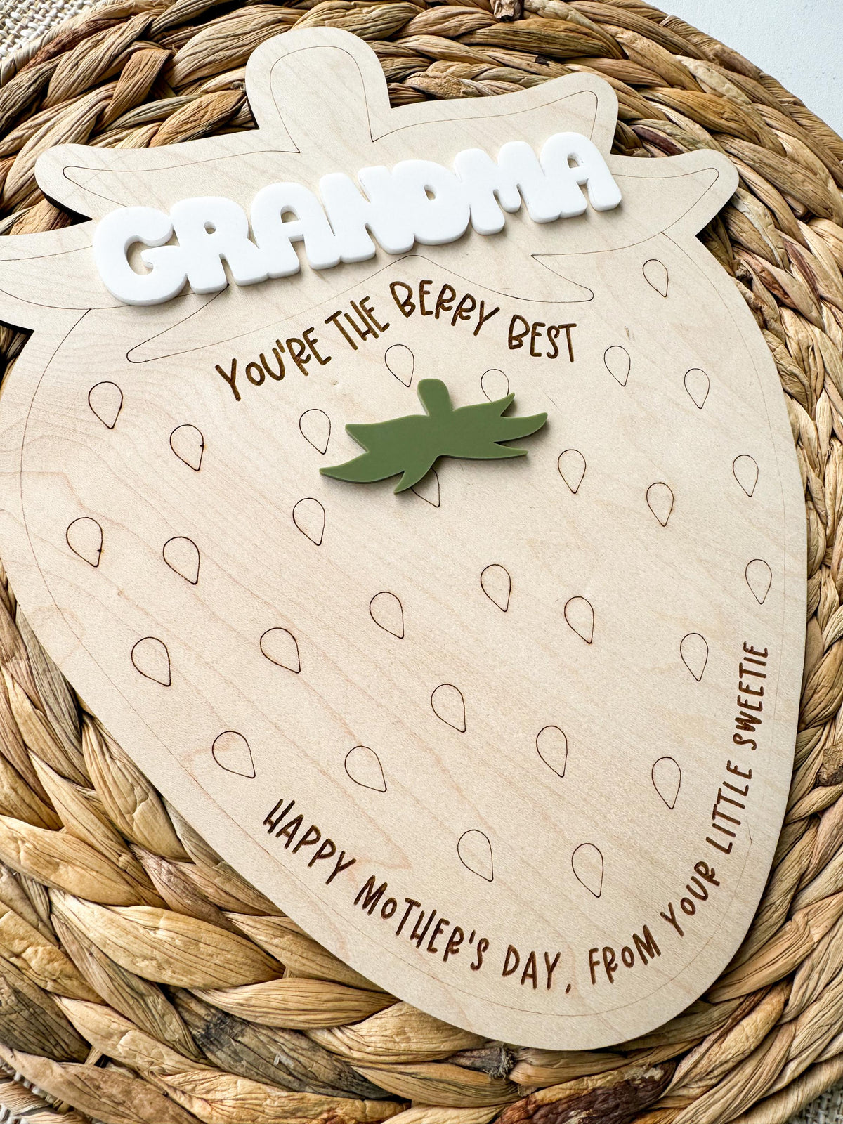 Personalized strawberry sign ready for a child's painted handprint