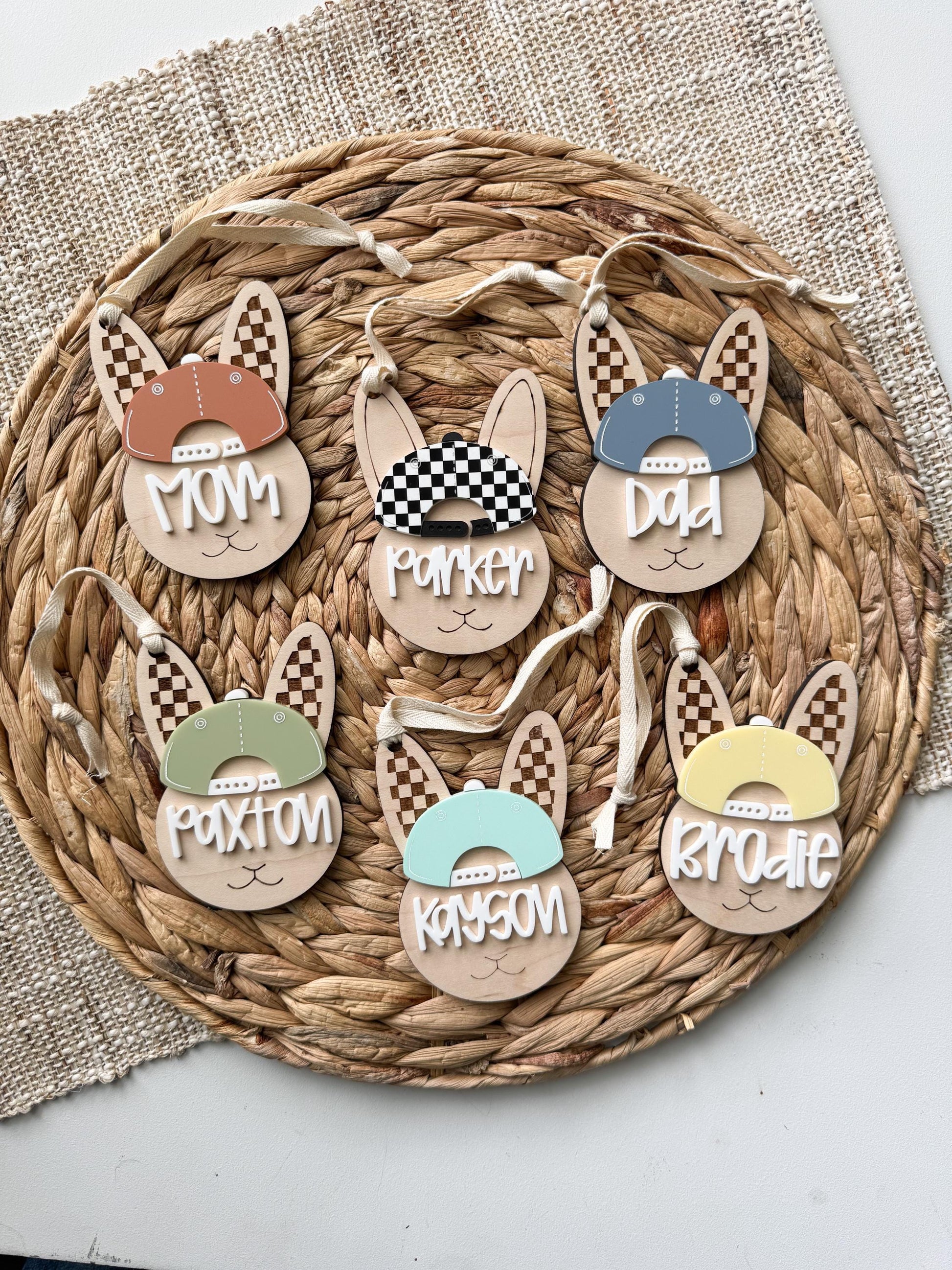 Personalized checkerboard motocross bunny Easter basket tag in maple wood with name
