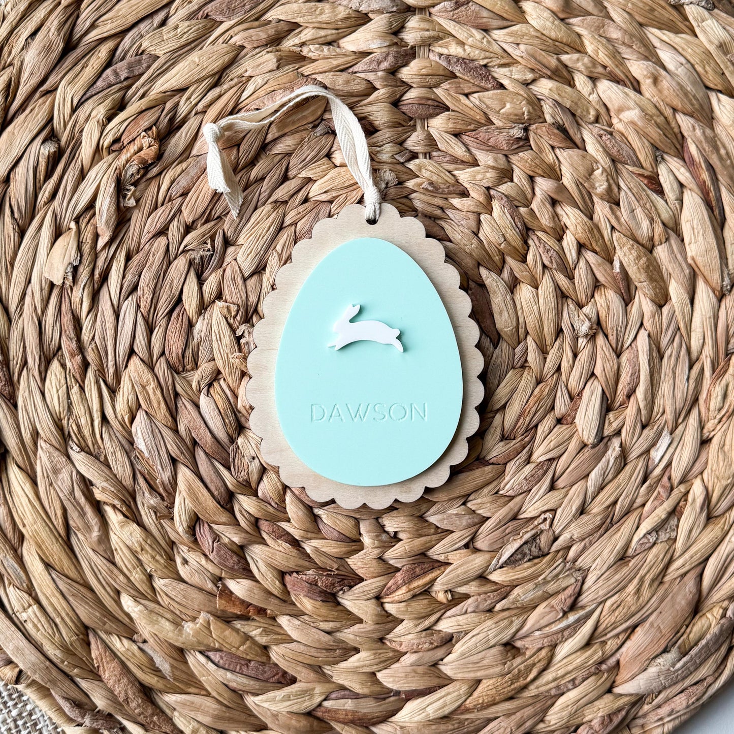 Personalized Easter egg name tag for kids baskets in maple wood and acrylic