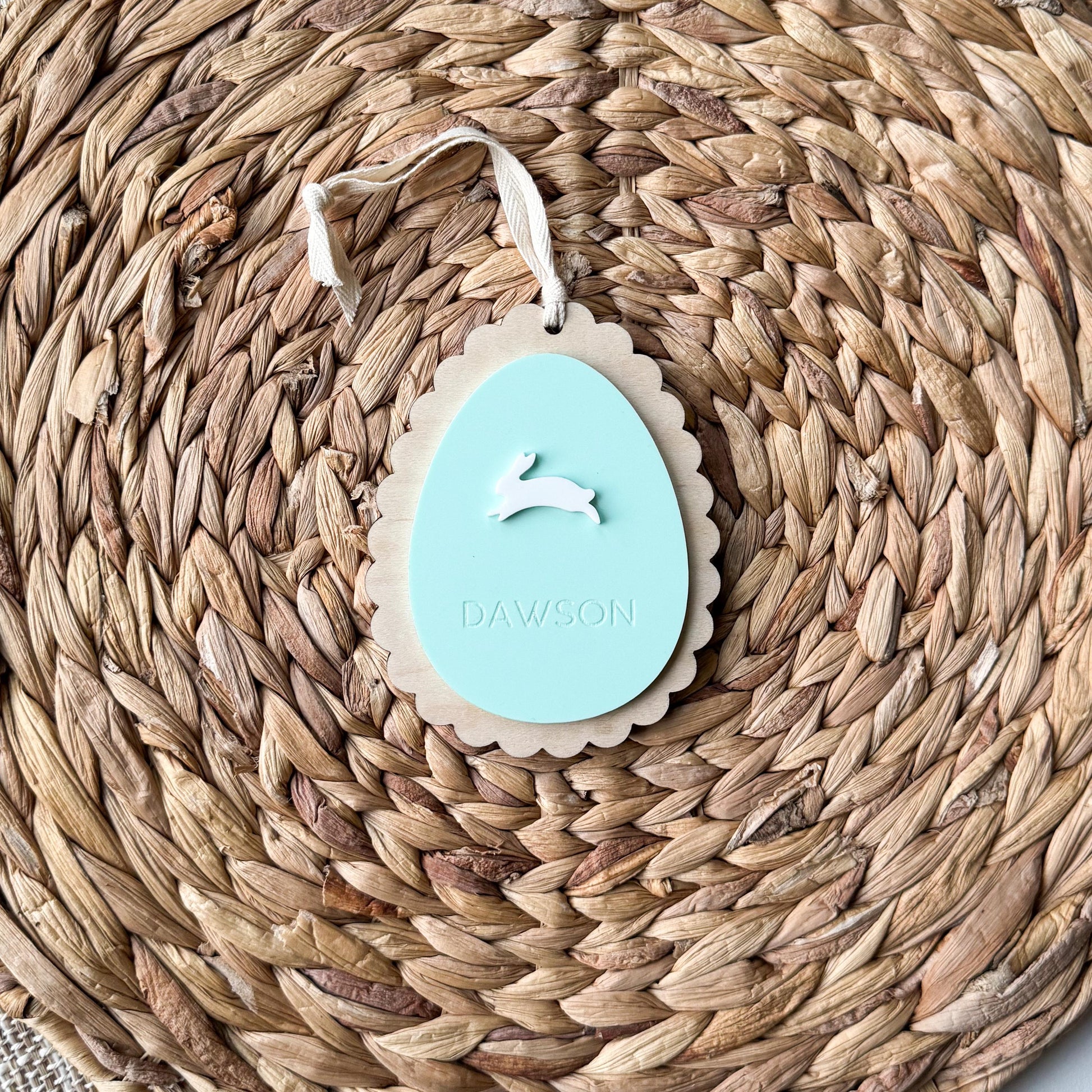 Personalized Easter egg name tag for kids baskets in maple wood and acrylic
