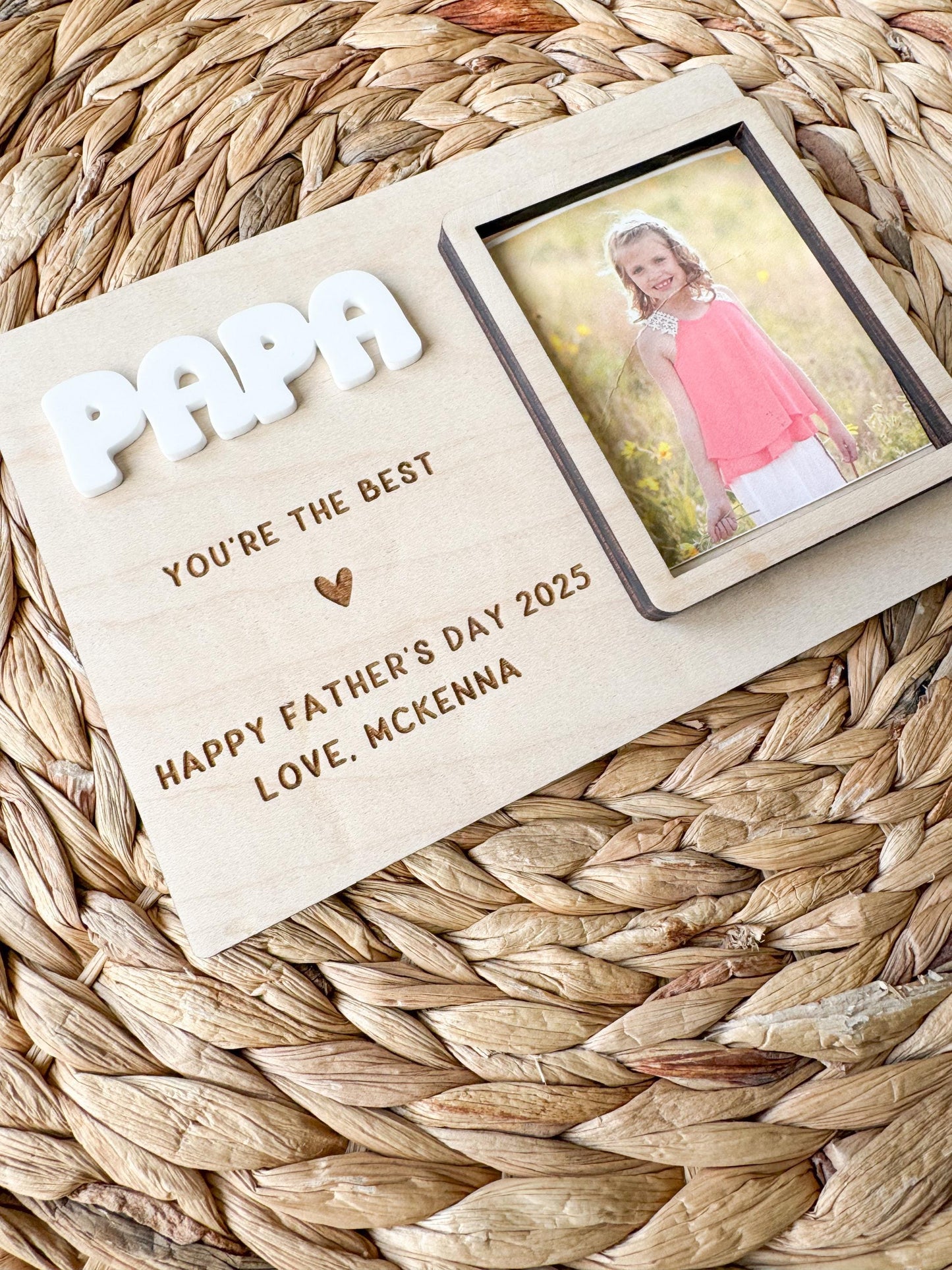 Father's Day keepsake picture frame in maple wood showing personalized name and photo slot