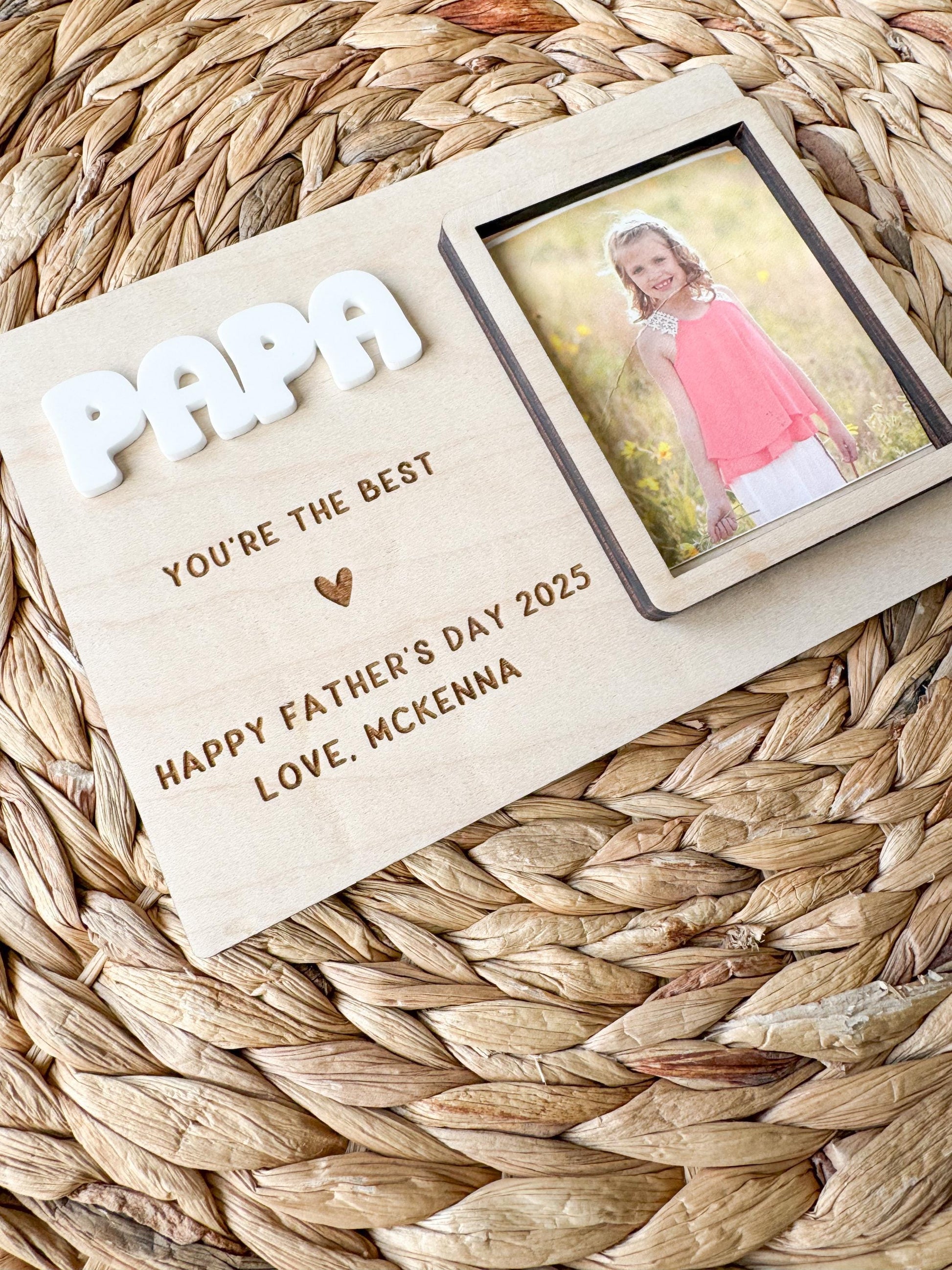 Father's Day keepsake picture frame in maple wood showing personalized name and photo slot