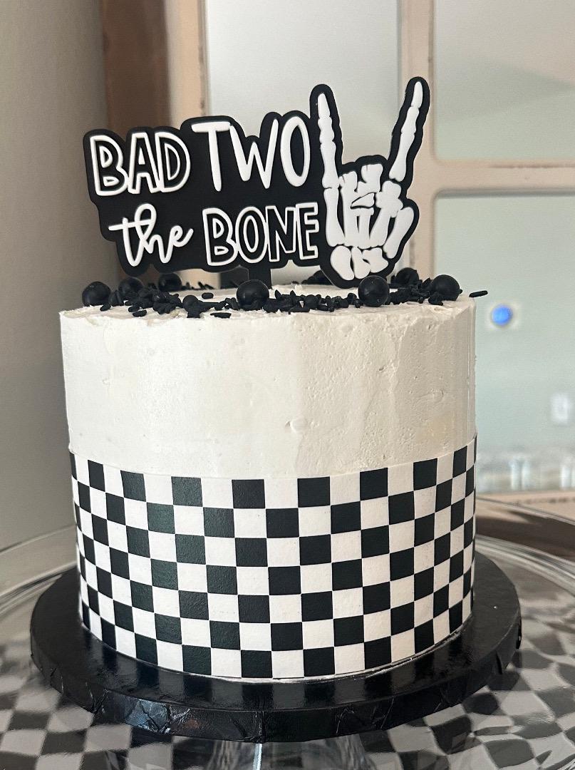 Bad Two The Bone Cake Topper | Birthday Party Decor | 2nd birthday | boys birthday theme | girls birthday | skull | dirt bike | acrylic
