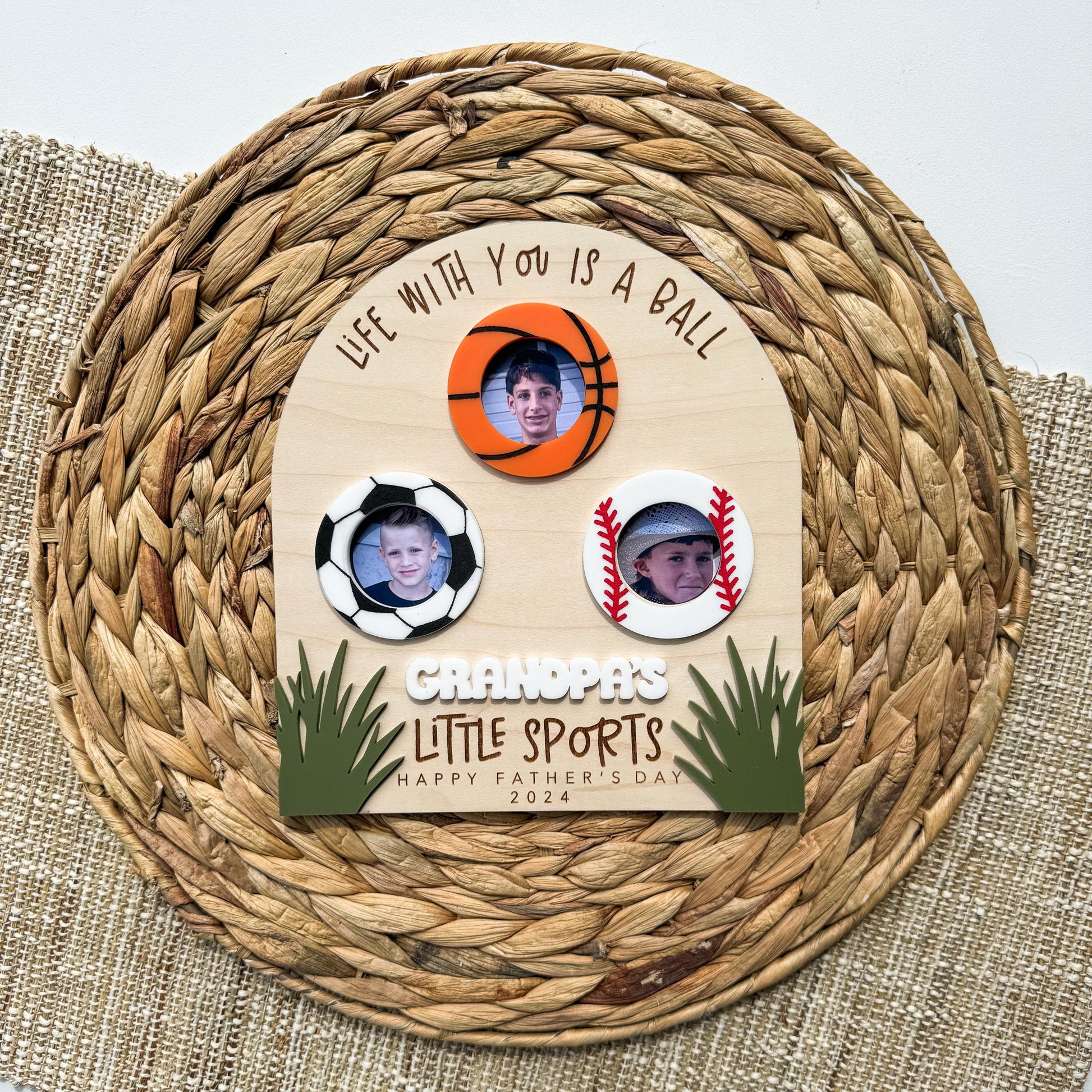 Personalized sports Dad photo frame displayed as magnet or visor clip, Father's Day gift