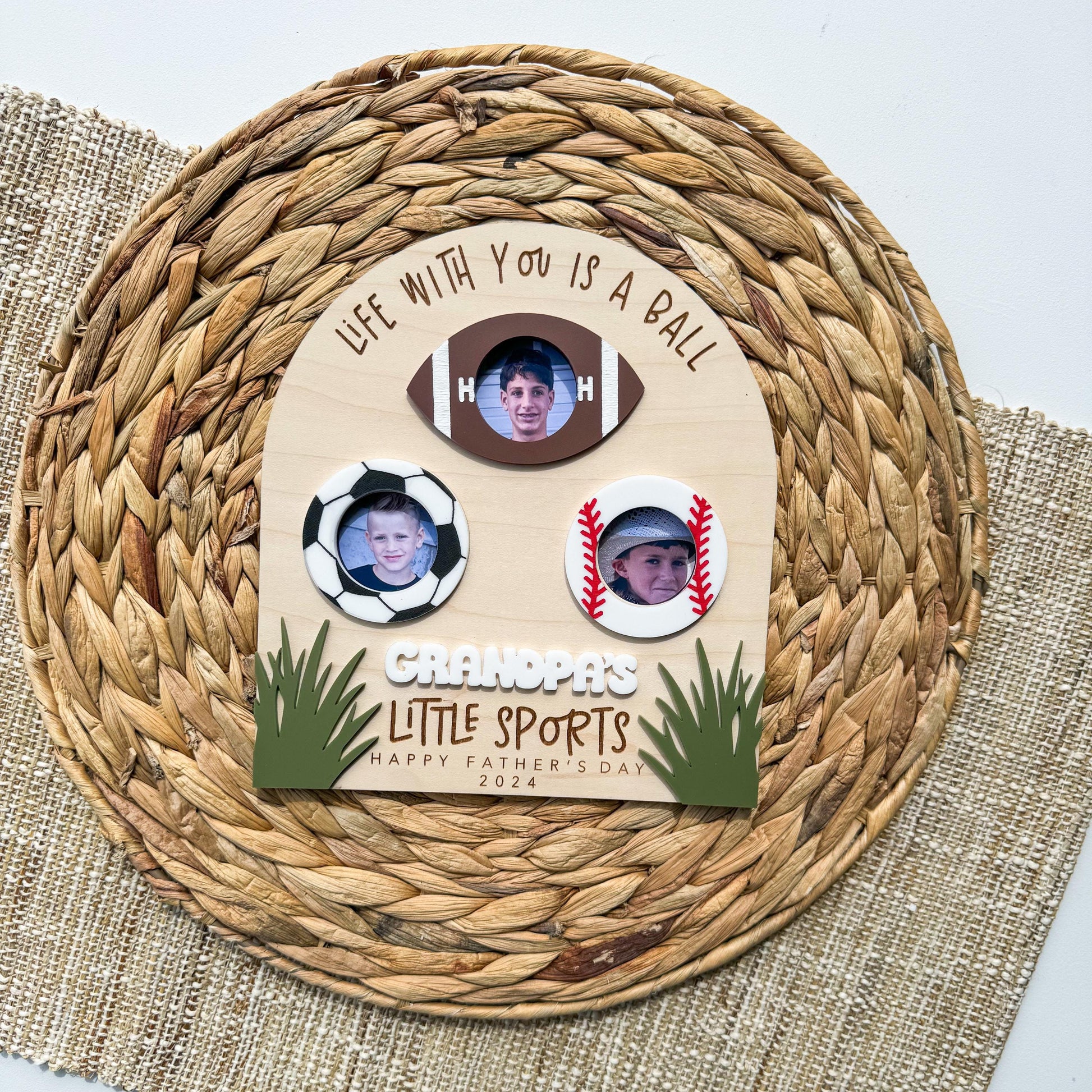 Custom sports Father's Day gift — engraved wood photo frame with multi-sport design