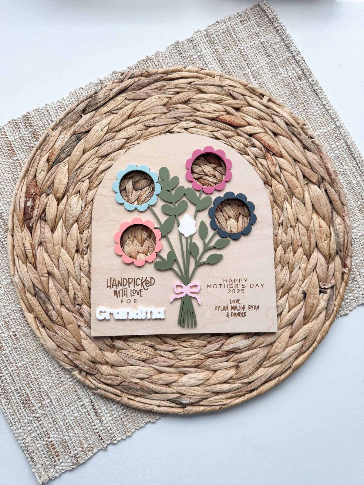 Maple wood photo flower sign with an acrylic bow, about 7.5 x 8.5 inches