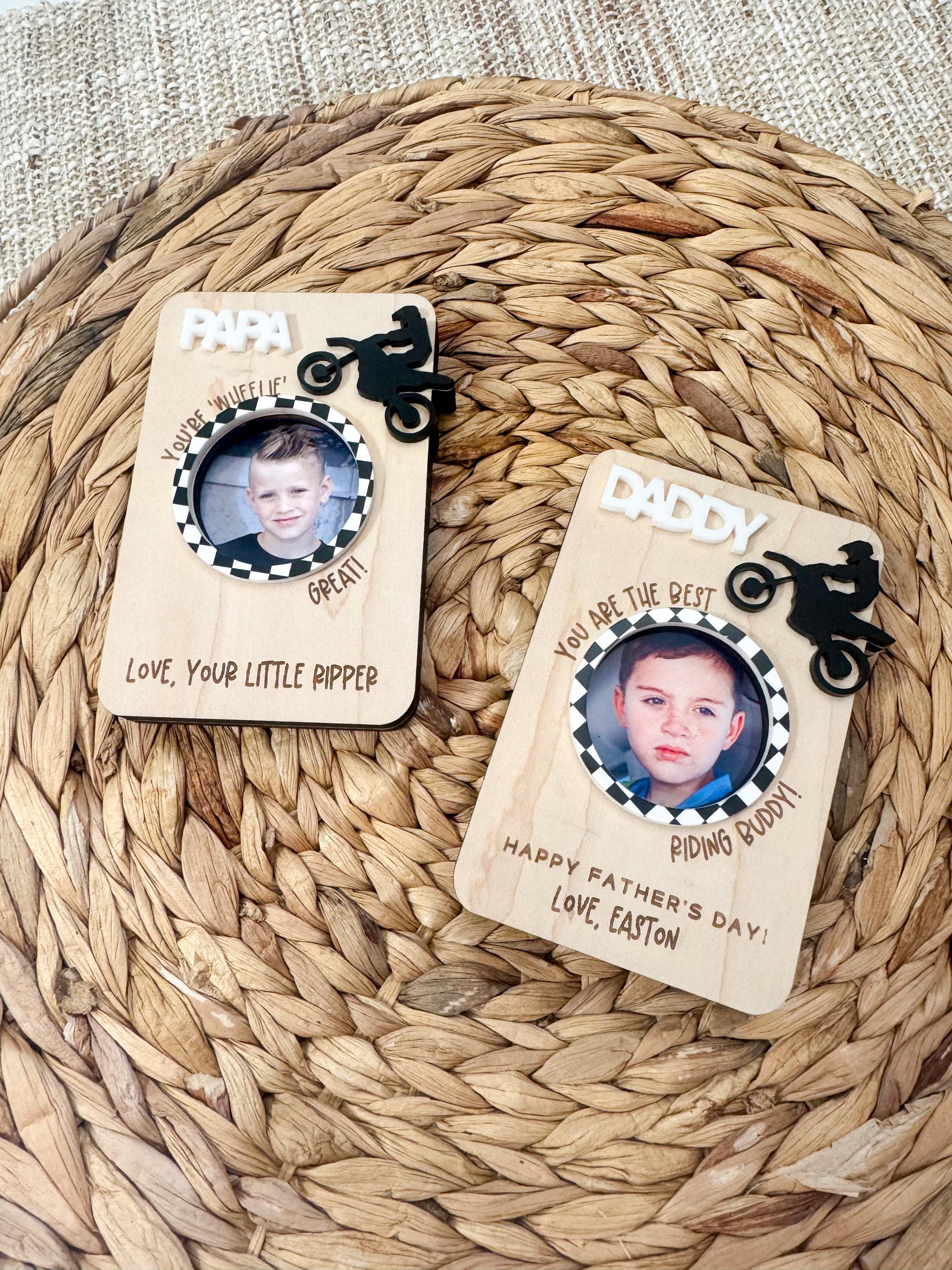 Motocross Dad photo magnet displayed as visor clip for car, personalized gift from kids