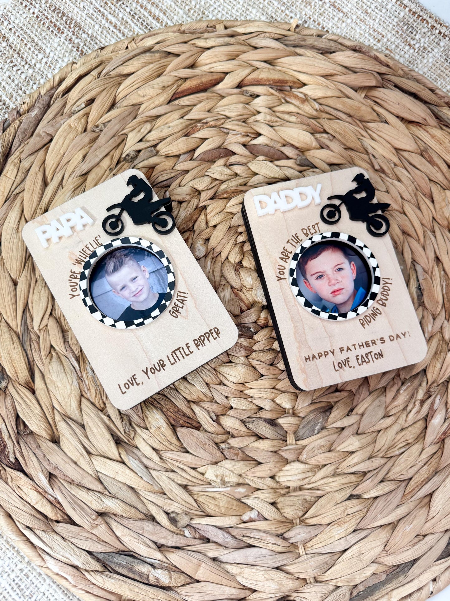 Personalized Dirt Bike Dad Gift, Photo Visor Clip or Fridge Magnet, Custom Wood Picture Frame, Father's Day Gift for Moto Dad & Grandpa