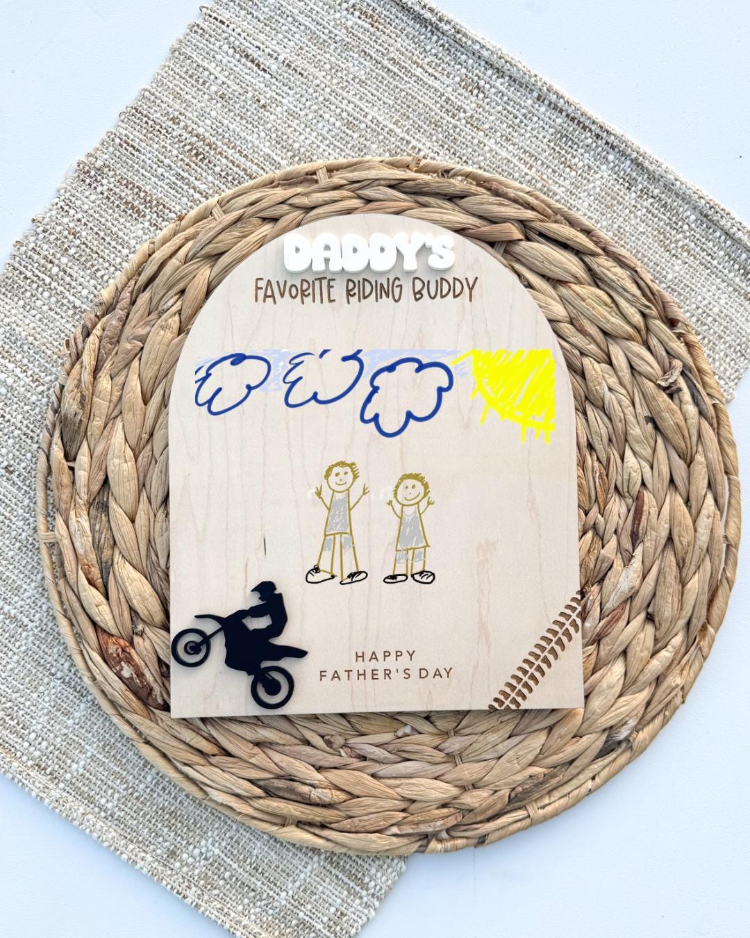 Dirt bike Dad personalized wood keepsake showing child's handprints and custom name