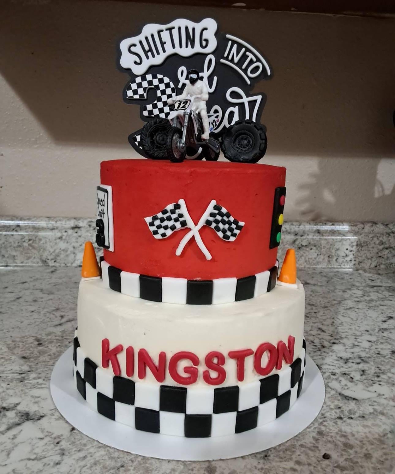 Dirt Bike 1st Birthday Cake Topper | Checkered Acrylic Race Car Decor