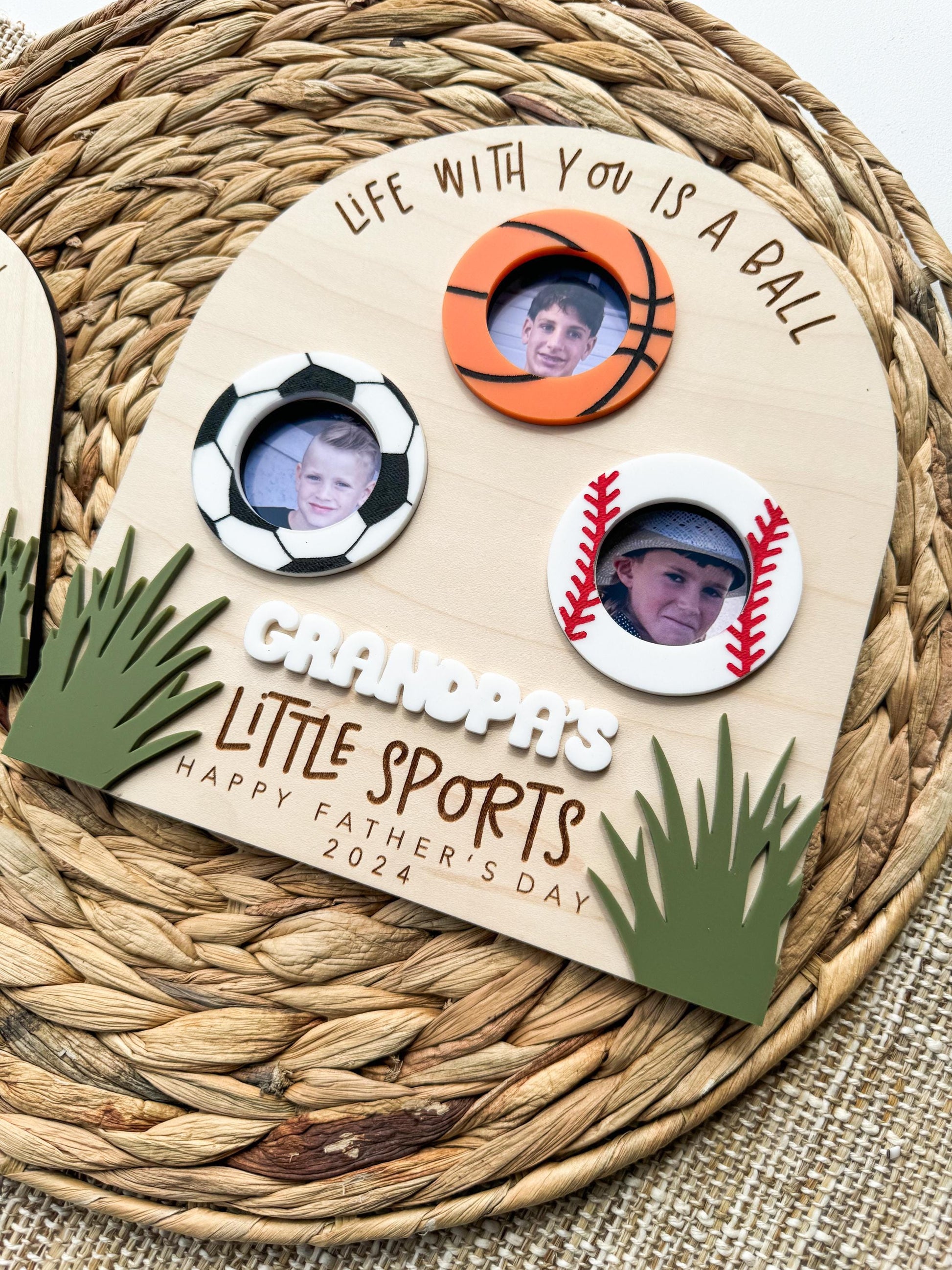 Maple wood sports photo display for Dad — handmade in USA Father's Day keepsake