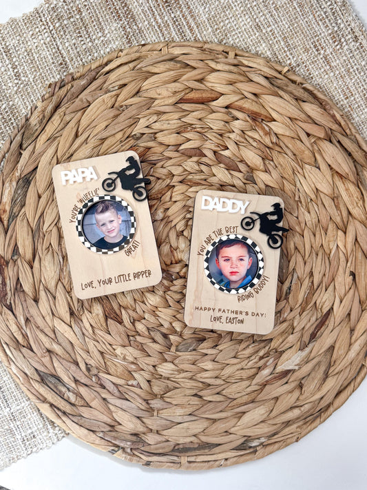 Dirt bike Dad personalized photo magnet or visor clip in maple wood, motocross Father's Day gift