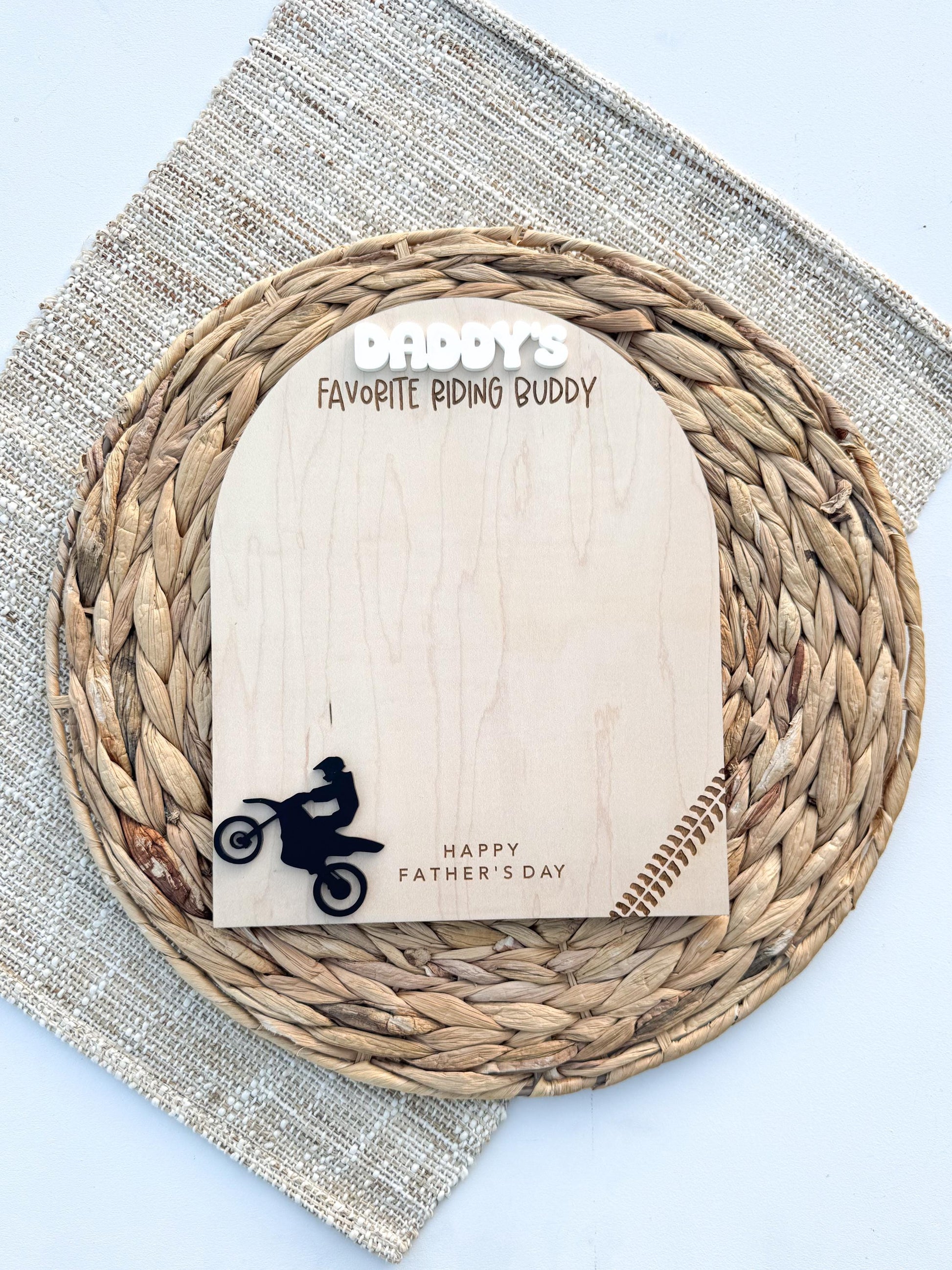 Personalized dirt bike handprint keepsake in maple wood, motocross Father's Day gift from kids