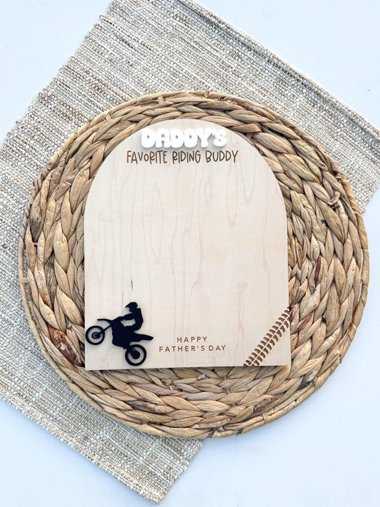 Personalized dirt bike handprint keepsake in maple wood, motocross Father's Day gift from kids