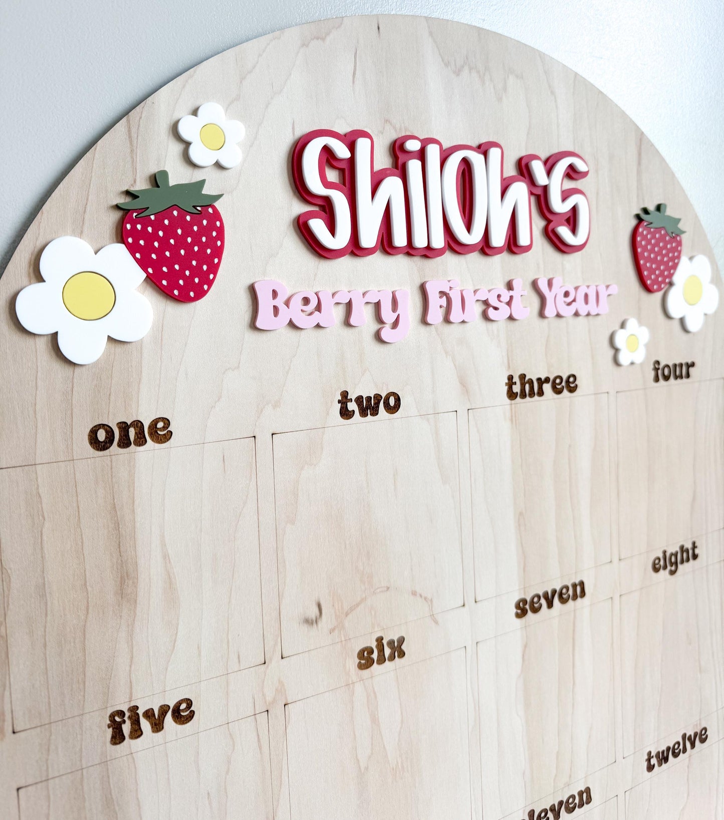 Personalized berry first year photo display board for 1st birthday party decor
