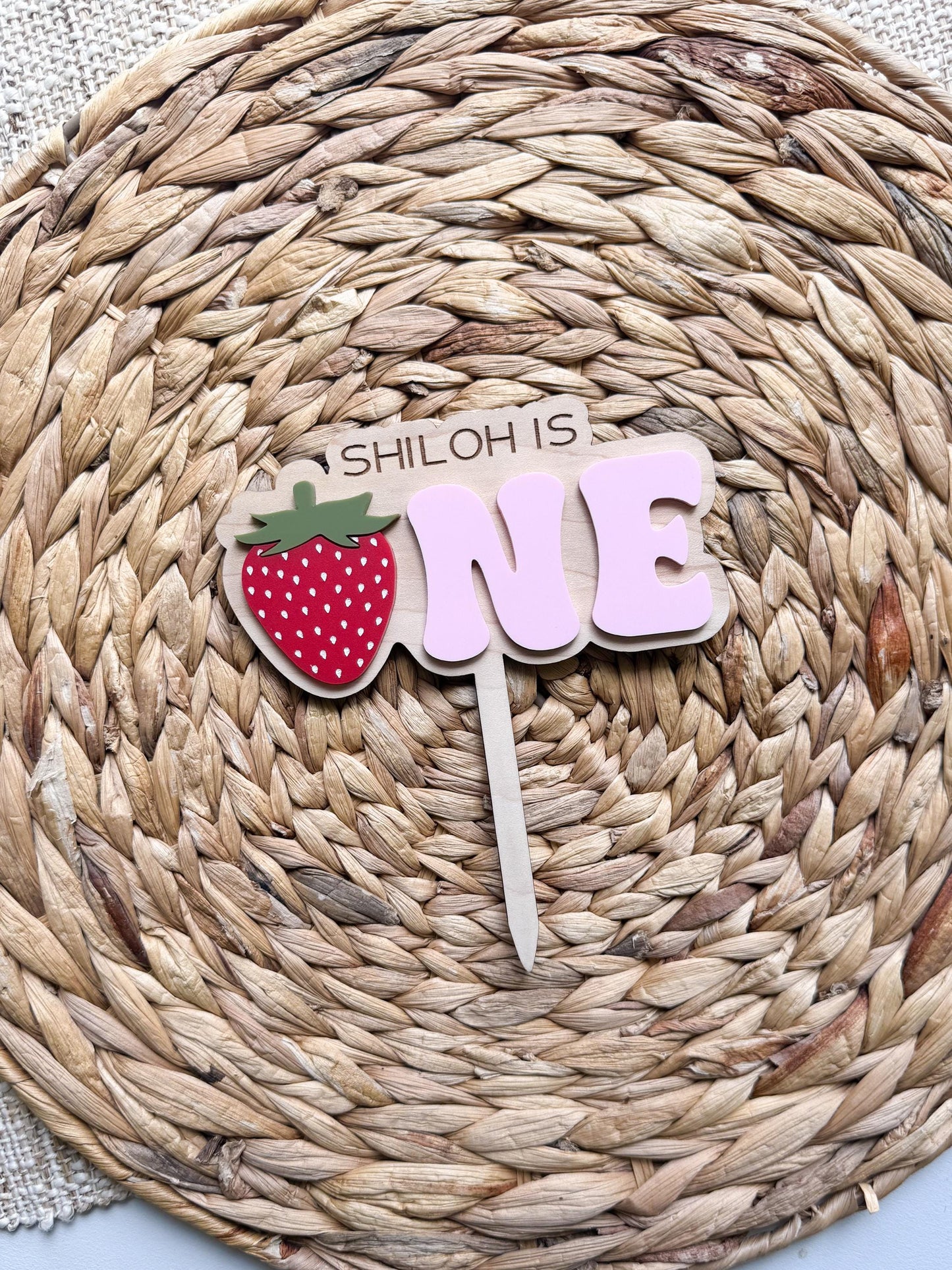 Strawberry ONE first birthday cake topper in acrylic for berry themed 1st birthday party