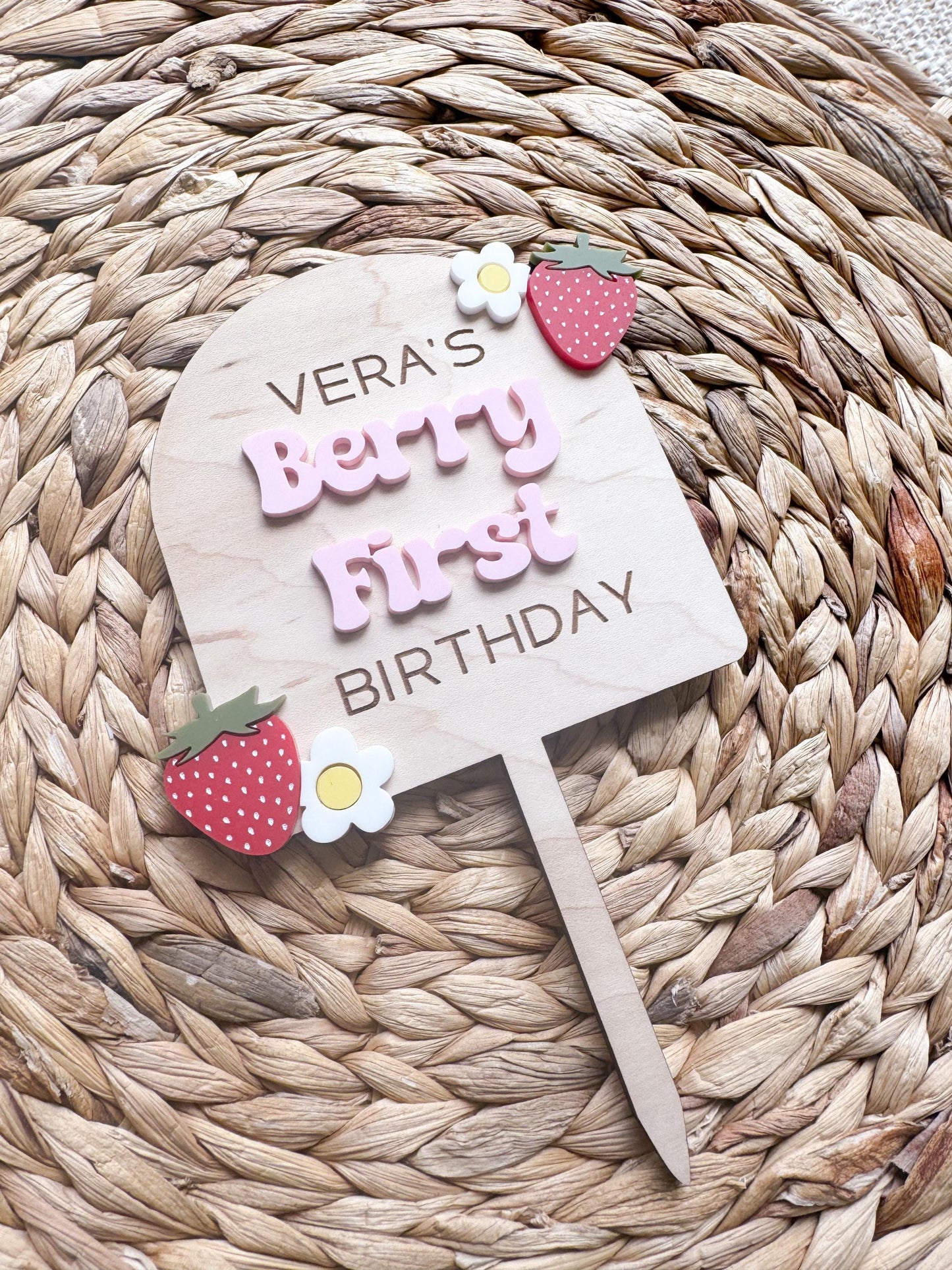 Berry First Birthday Cake Topper: Custom Maple Wood & Acrylic