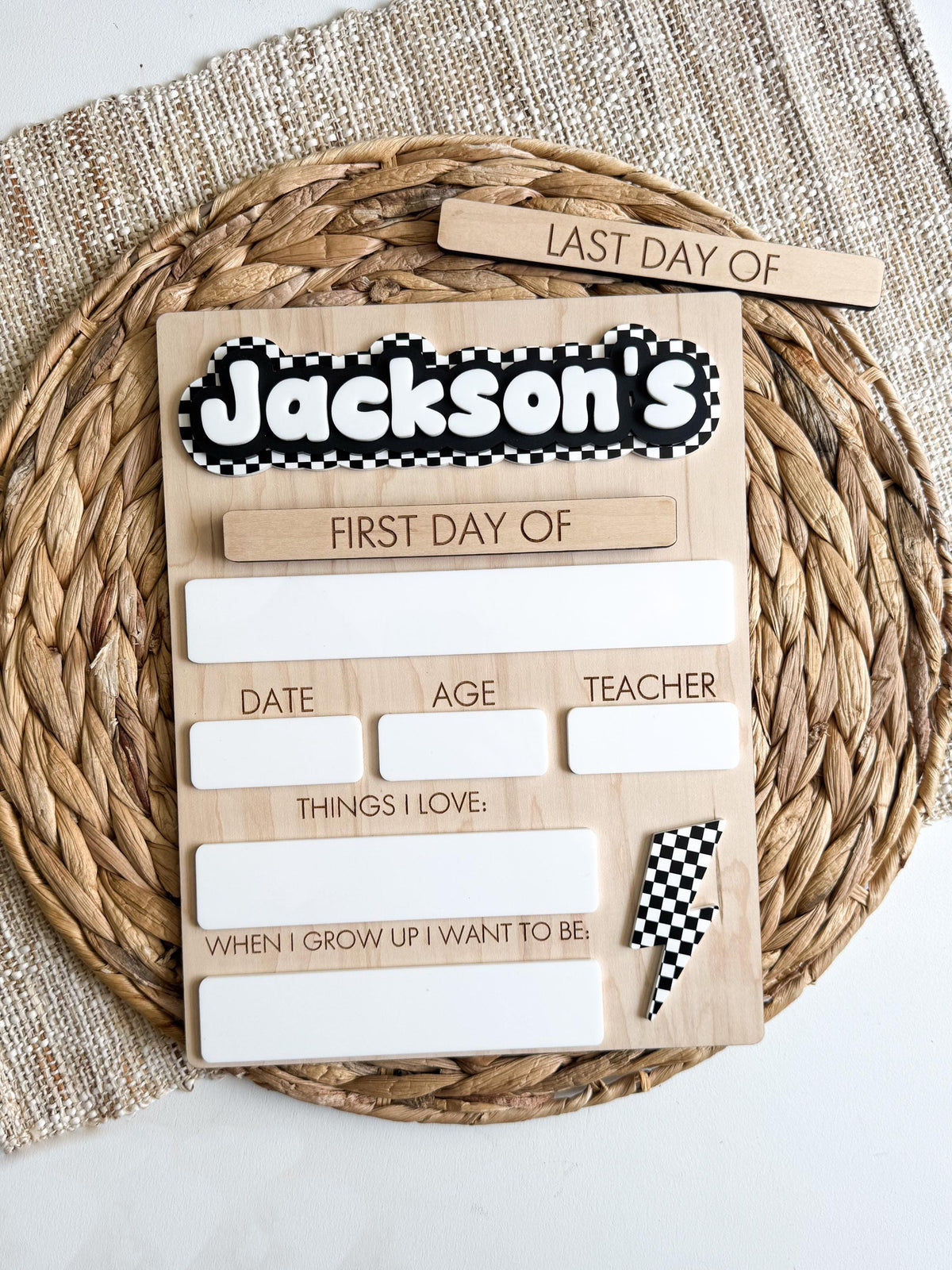 lightning checkerboard first day of school sign, personalized acrylic name, dry erase date age teacher and goals fields