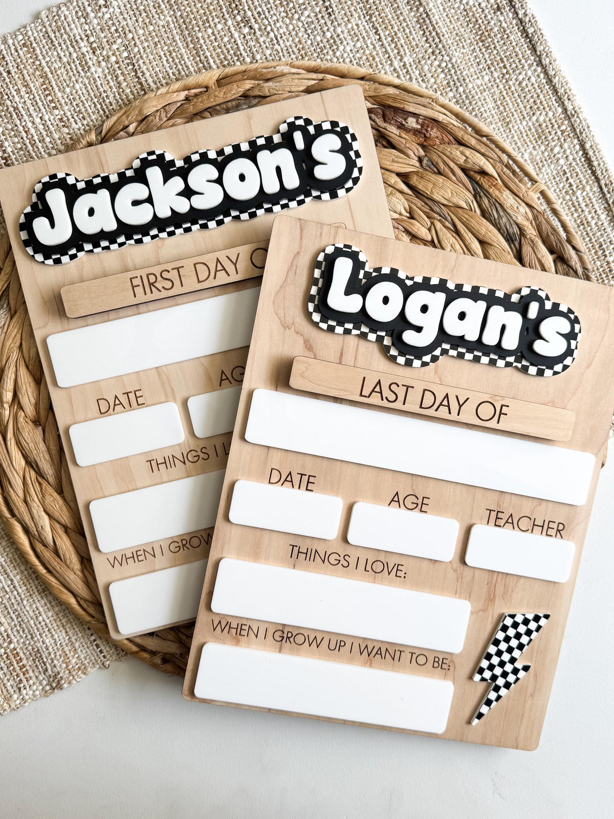 two personalized lightning checkerboard school boards, custom acrylic names, interchangeable first and last day of school signs