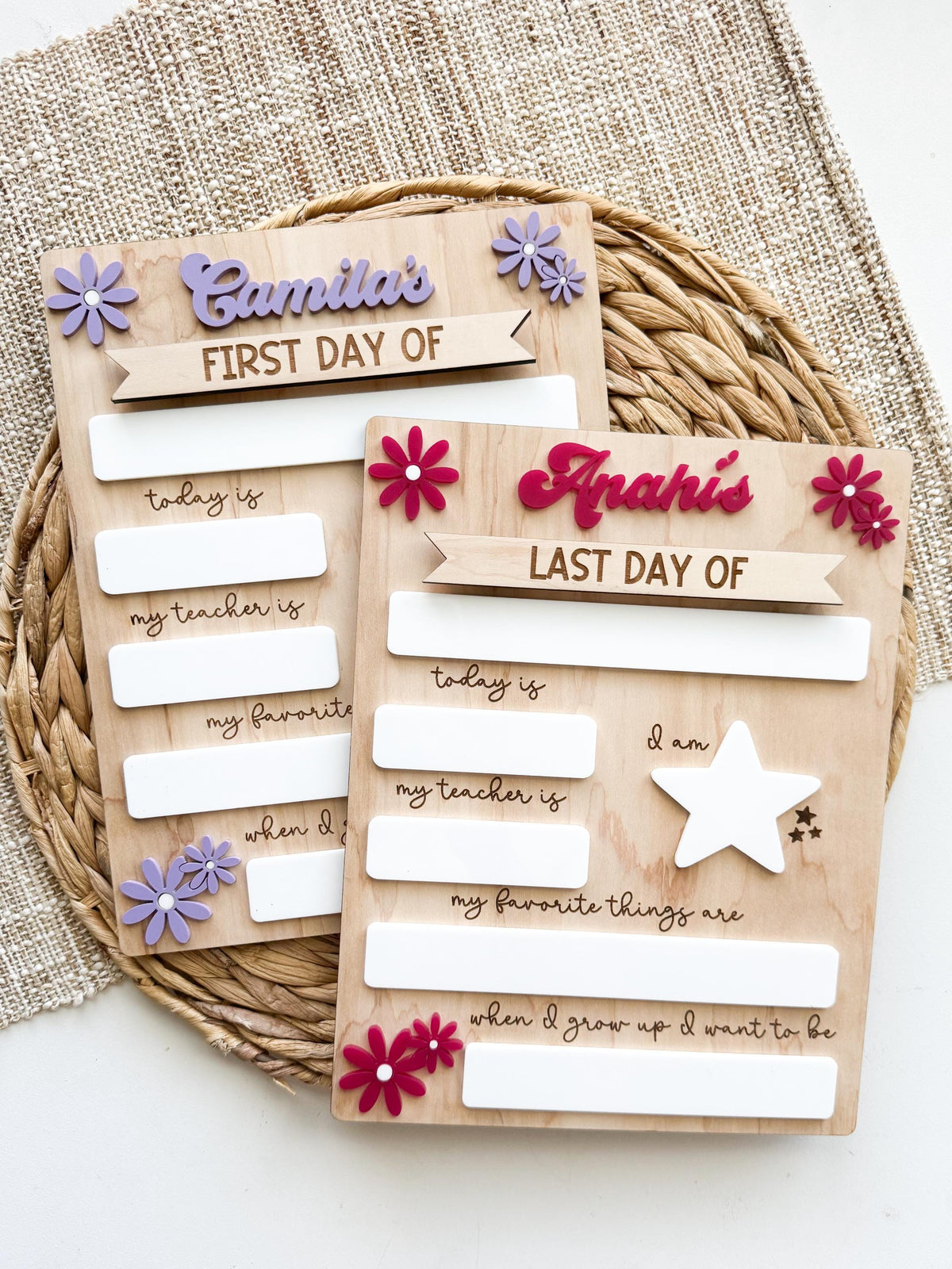 two personalized back to school boards for siblings, daisy flower accents, custom names, reusable first and last day signs