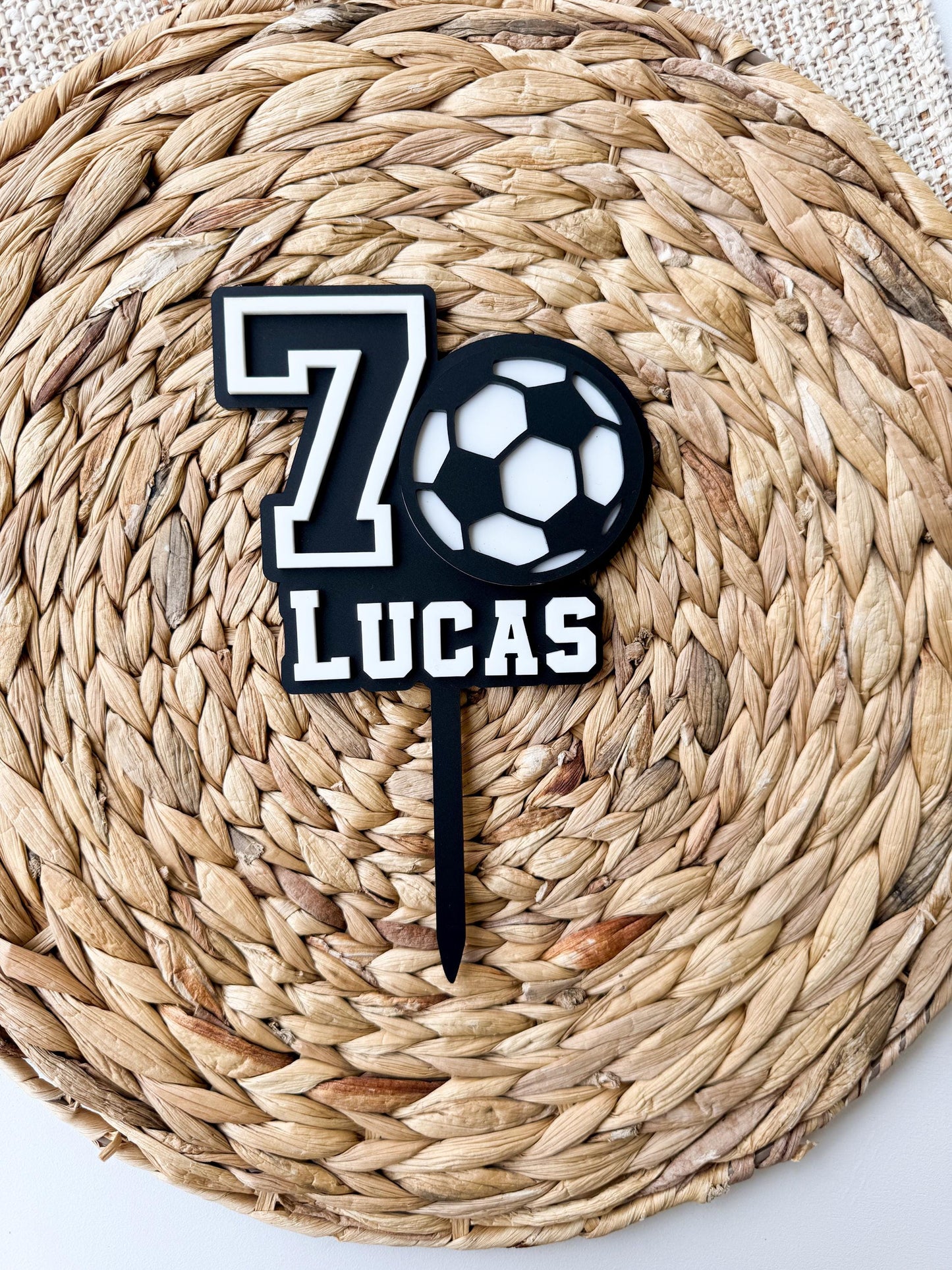 Custom soccer birthday cake topper in acrylic for sports themed birthday party