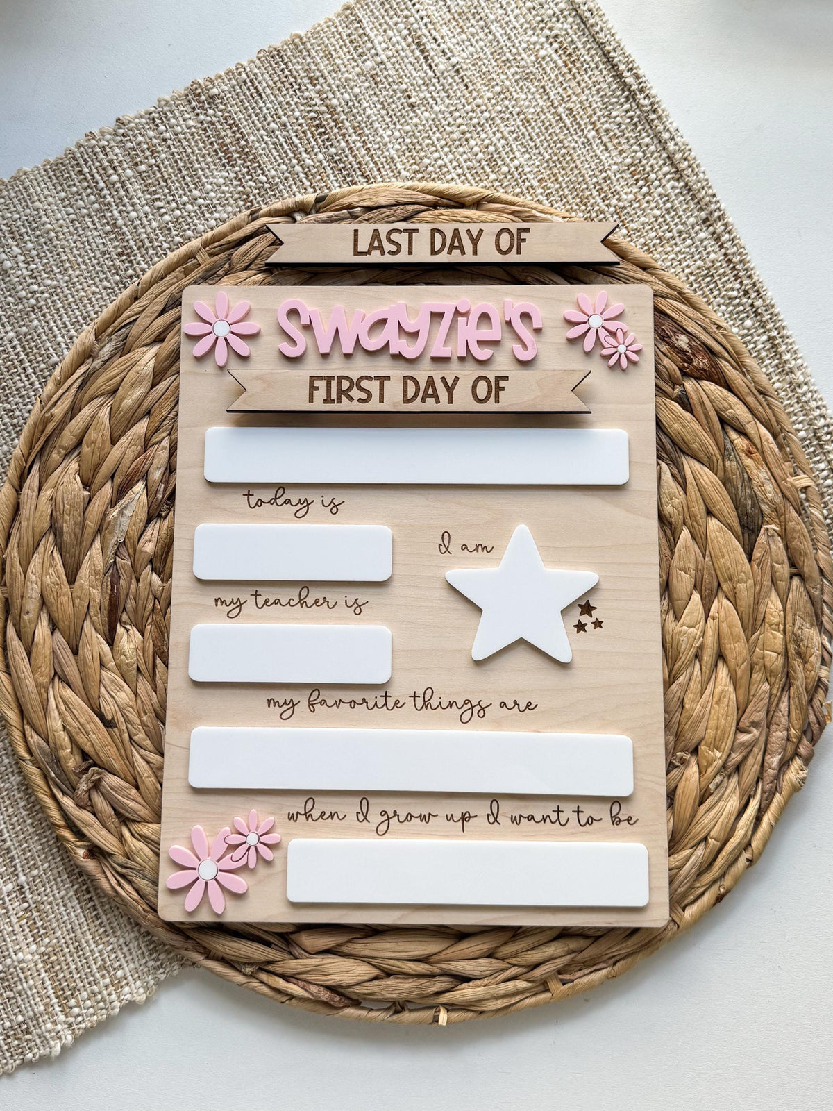 personalized daisy back to school board close-up, custom name with pink flower accents, white star, reusable dry erase fields