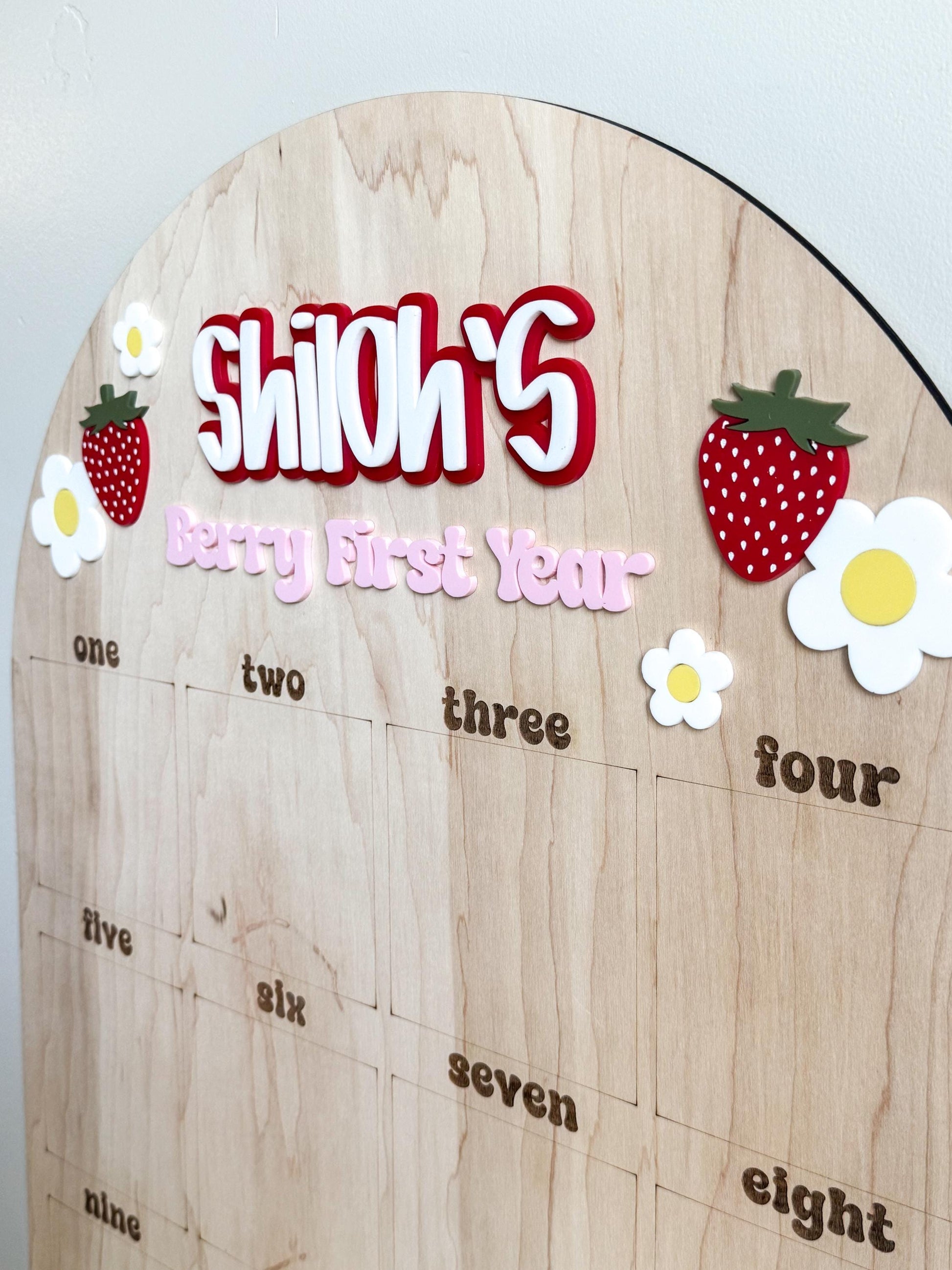 Personalized berry first birthday photo board as party decor and keepsake