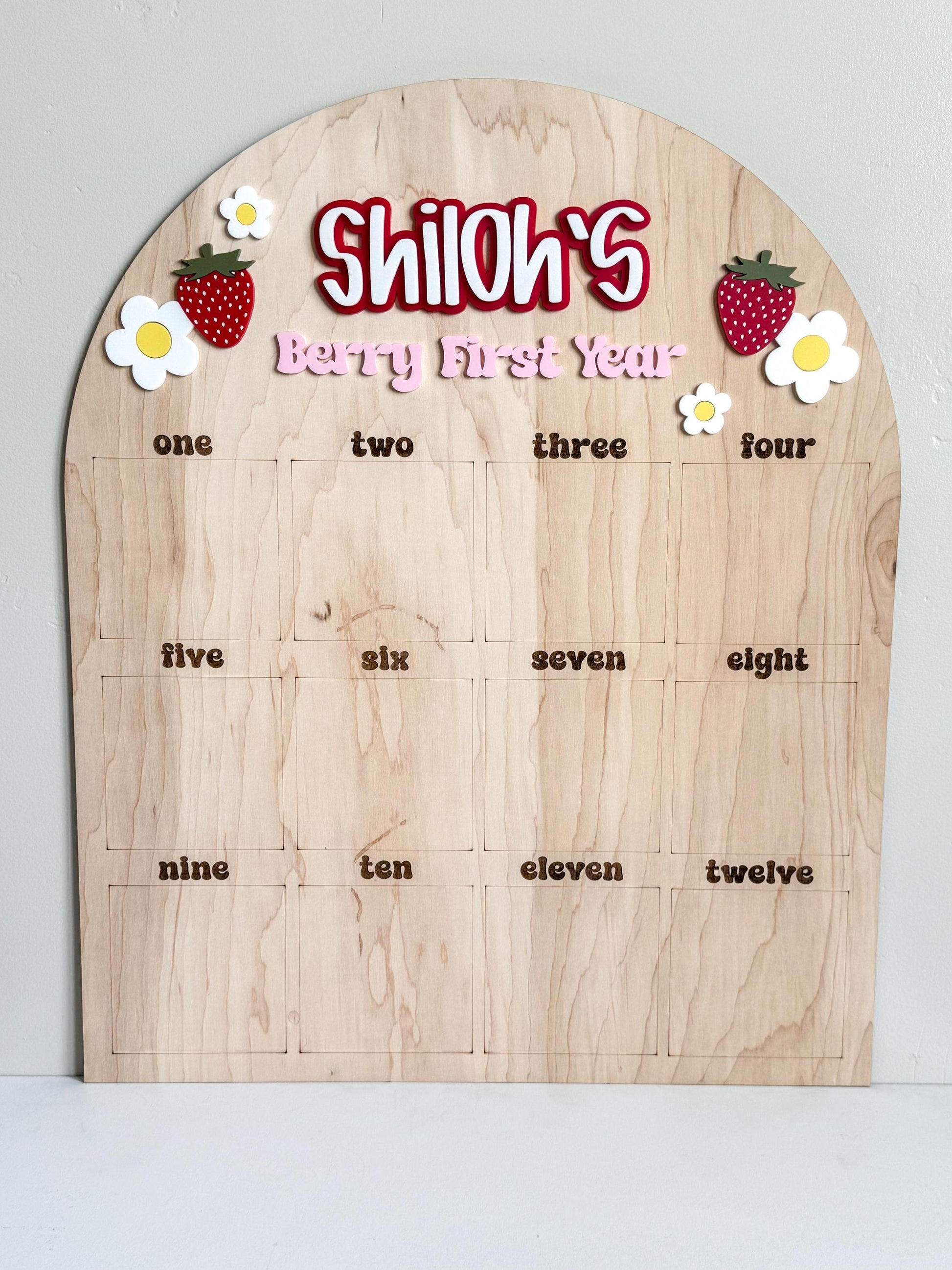 Berry First Birthday Photo Board | Monthly Milestone, Wooden Picture Keepsake