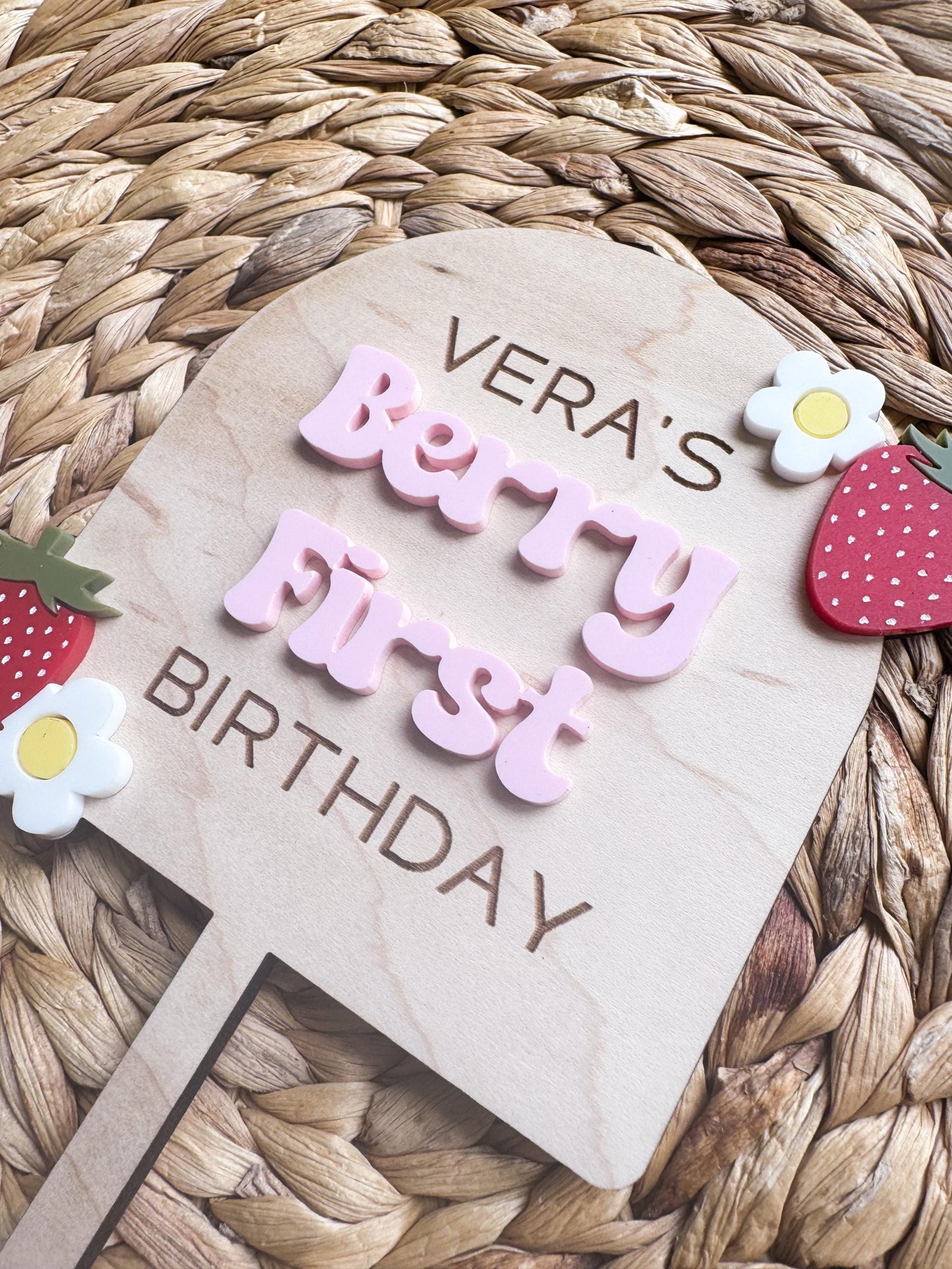 Berry First Birthday Cake Topper: Custom Maple Wood & Acrylic