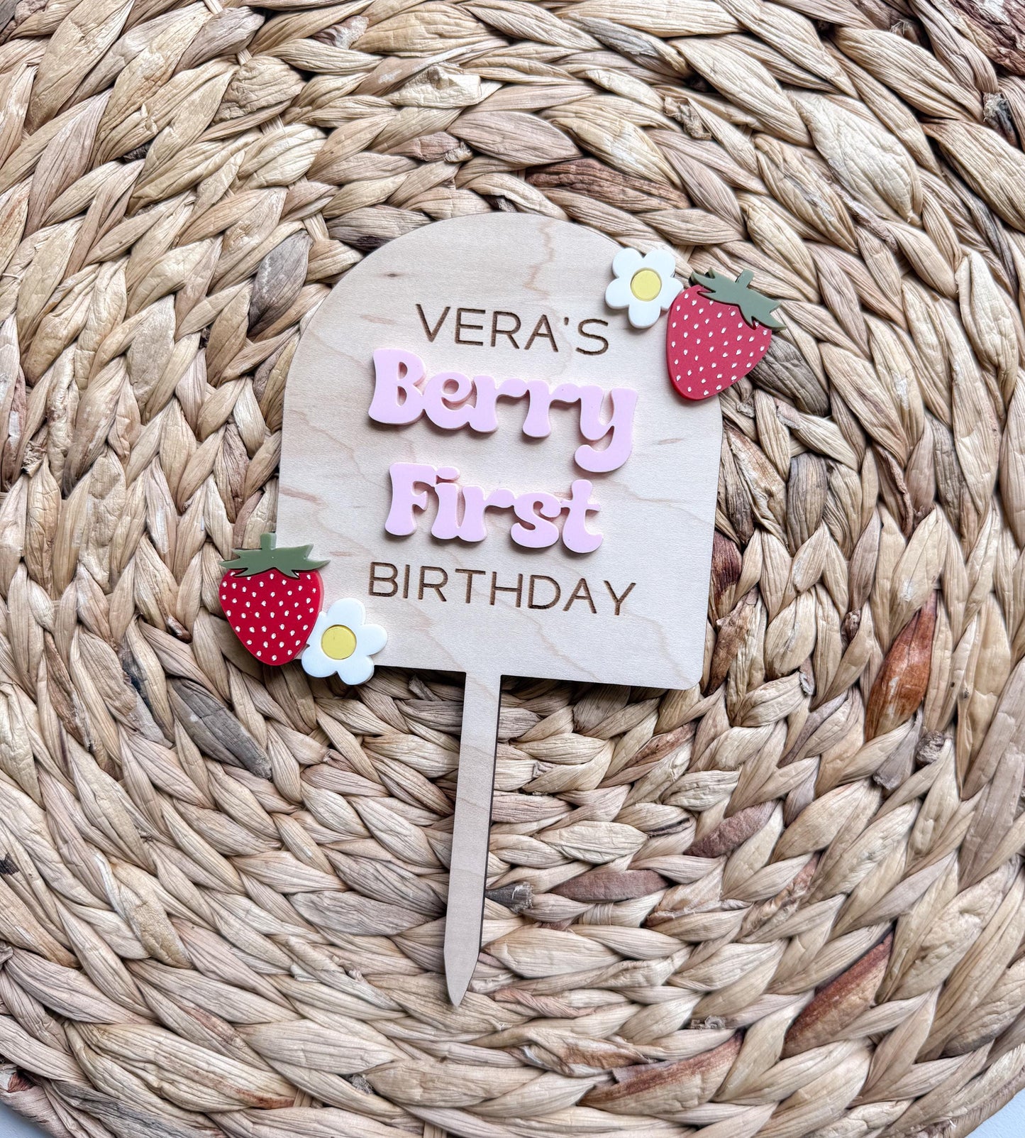 Berry First Birthday Cake Topper: Custom Maple Wood & Acrylic