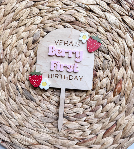 Berry First Birthday Cake Topper: Custom Maple Wood & Acrylic
