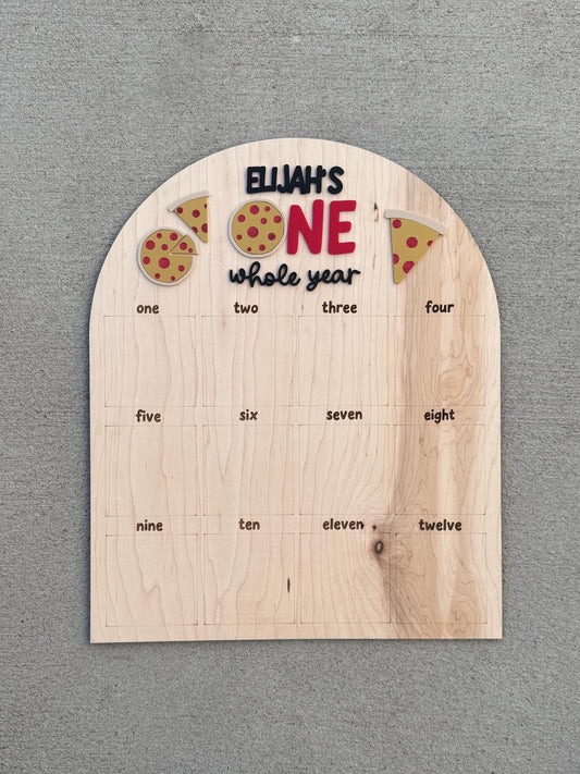 One Whole Year pizza theme photo board in maple wood, first birthday monthly milestone display