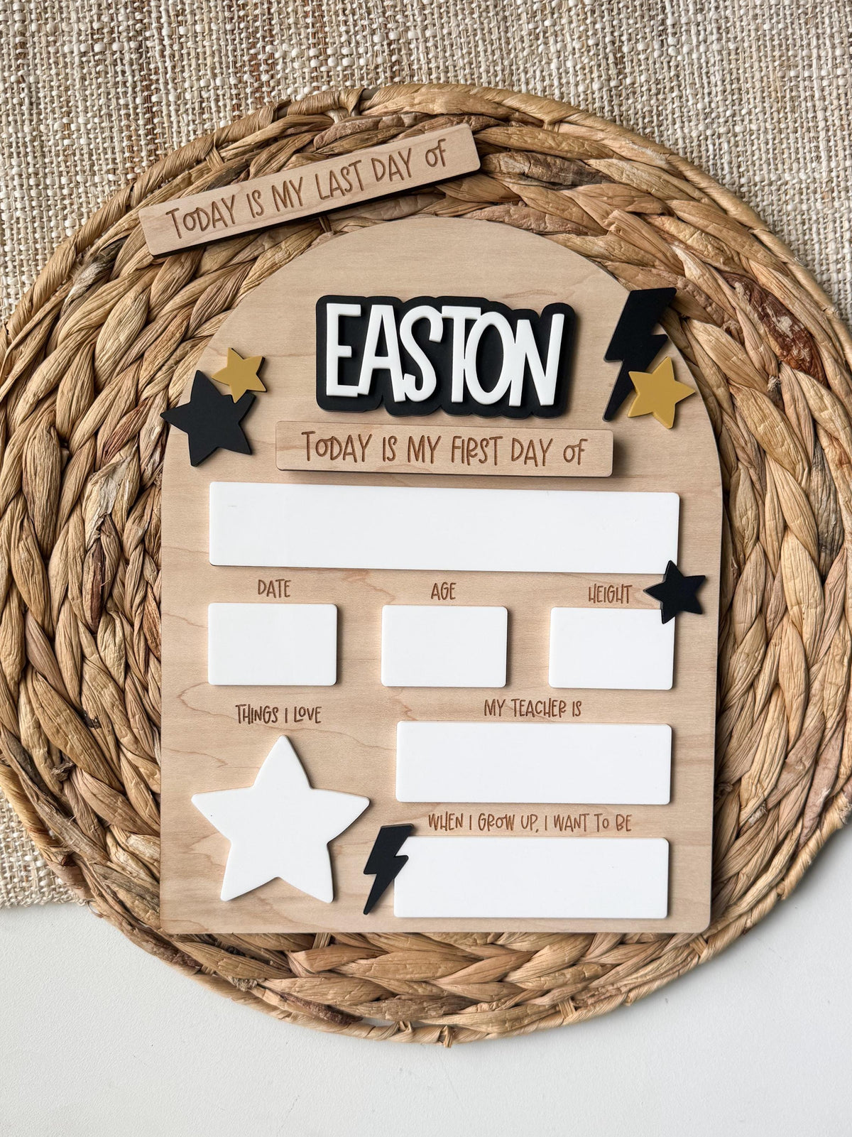 Personalized first day of school sign, lightning bolt back to school board, reusable dry erase photo prop for kids.