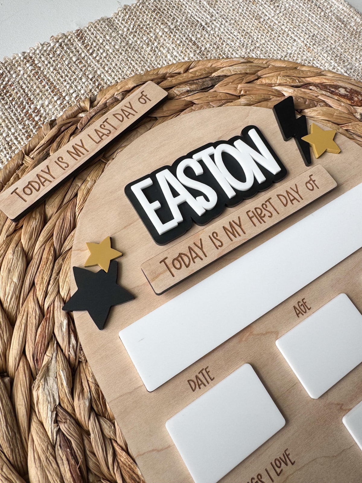 Back to school board with dry erase date, age, grade and teacher fields, lightning bolt design, custom name.