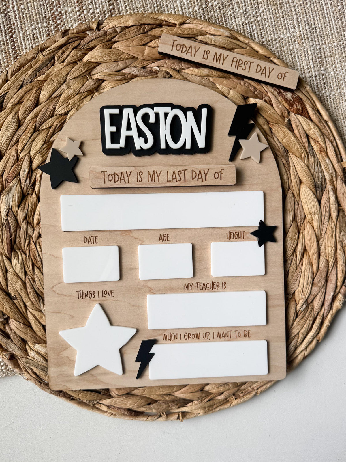 Reusable last day of school sign, lightning bolt back to school board with dry erase fill-in fields, custom name.