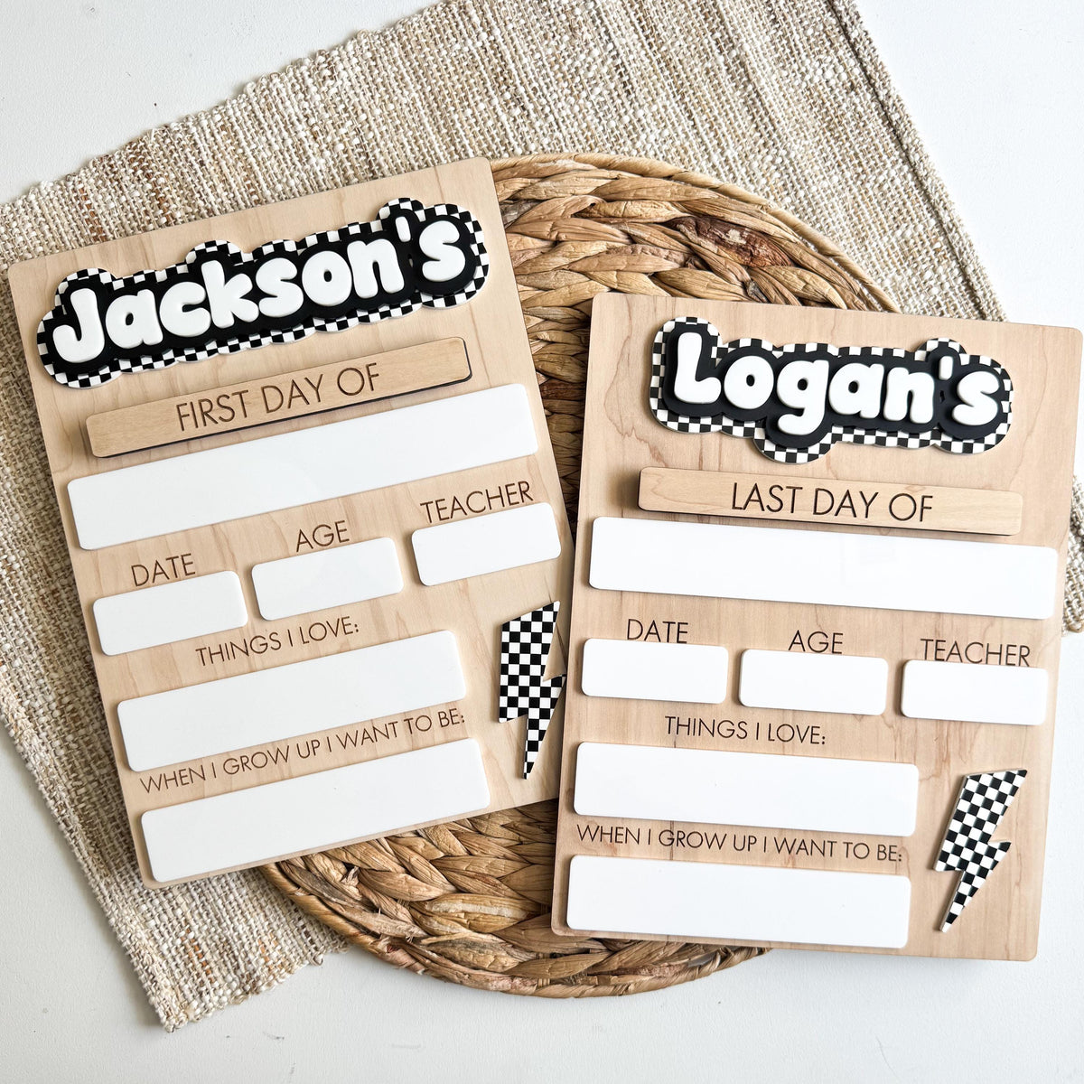 checkerboard back to school boards overhead view, two personalized acrylic names, dry erase first last day fill-in sections