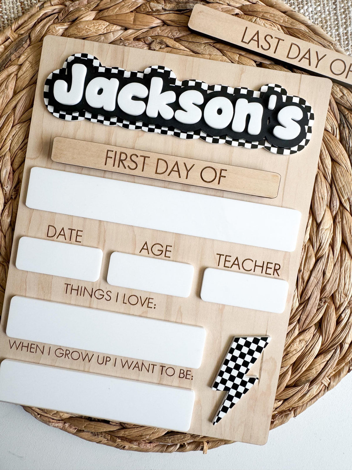 back to school sign close-up fill-in section, dry erase date age teacher things i love and goals with checkerboard bolt