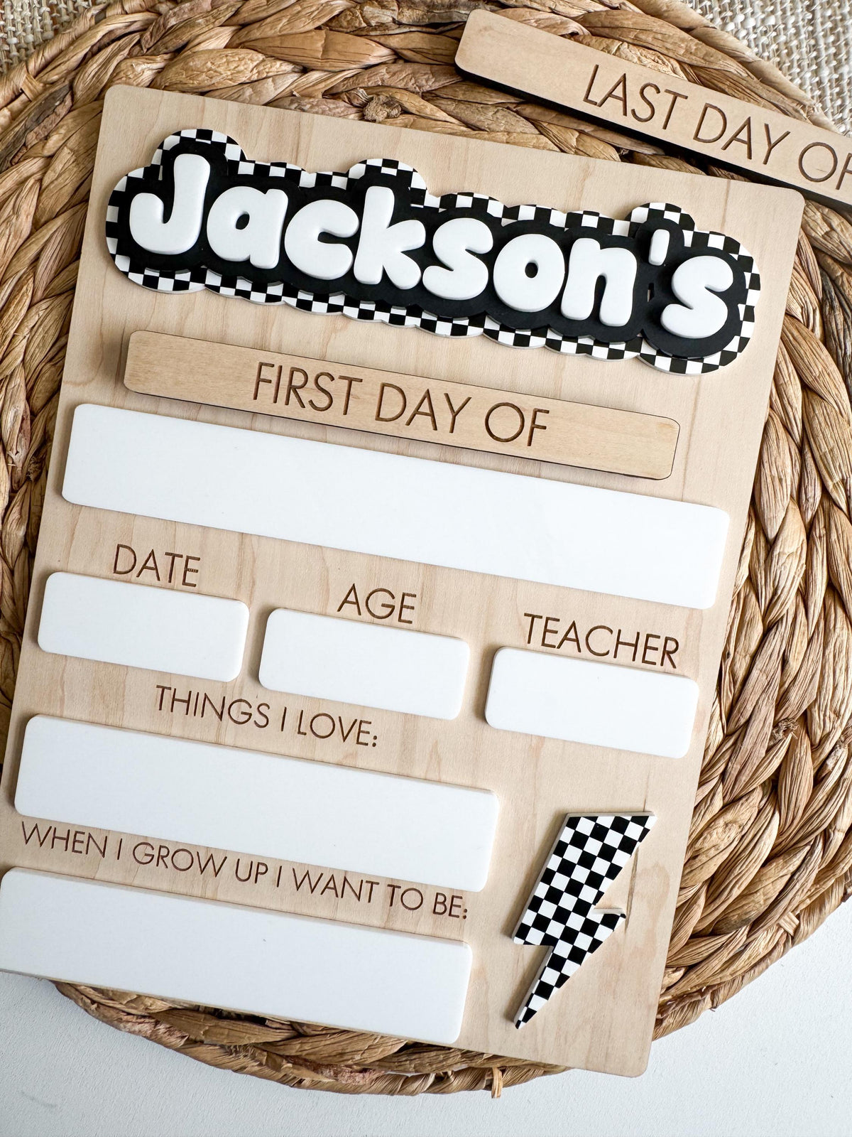 back to school sign close-up fill-in section, dry erase date age teacher things i love and goals with checkerboard bolt