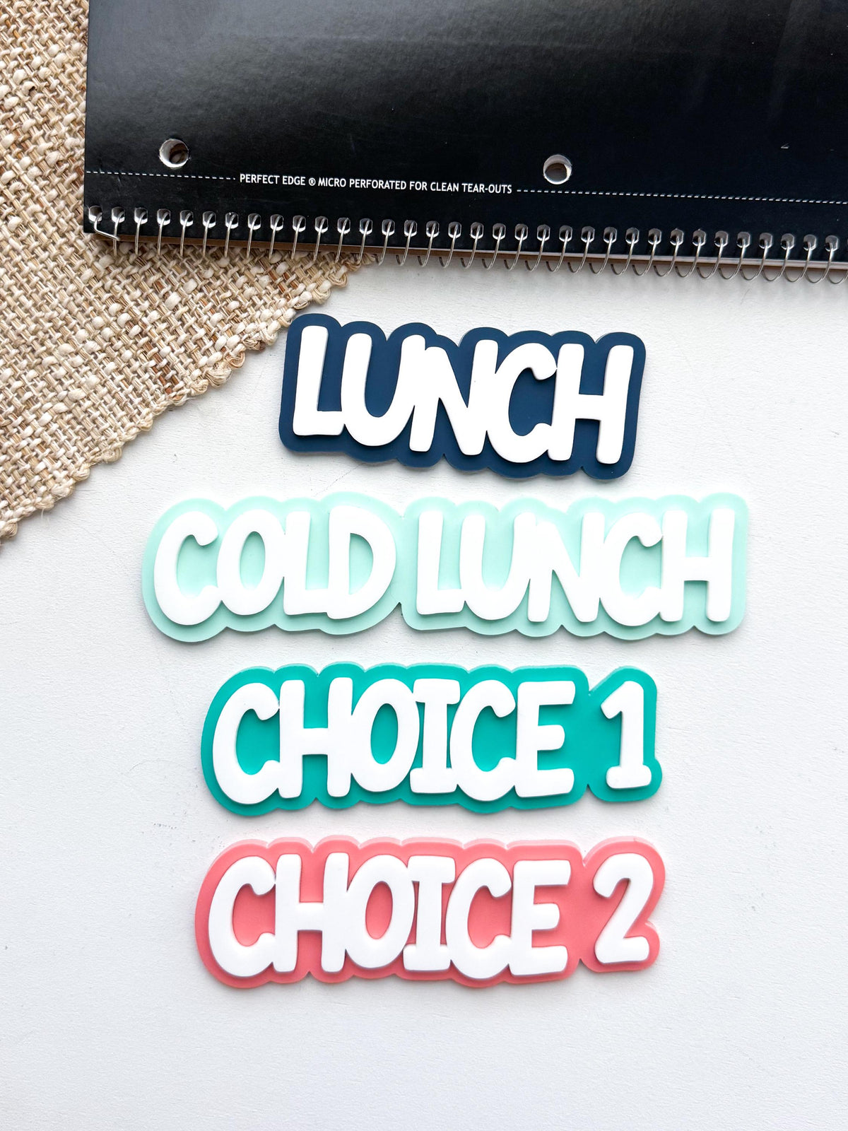 Full set of acrylic lunch magnets with Lunch, Cold Lunch, Choice 1 and Choice 2 labels