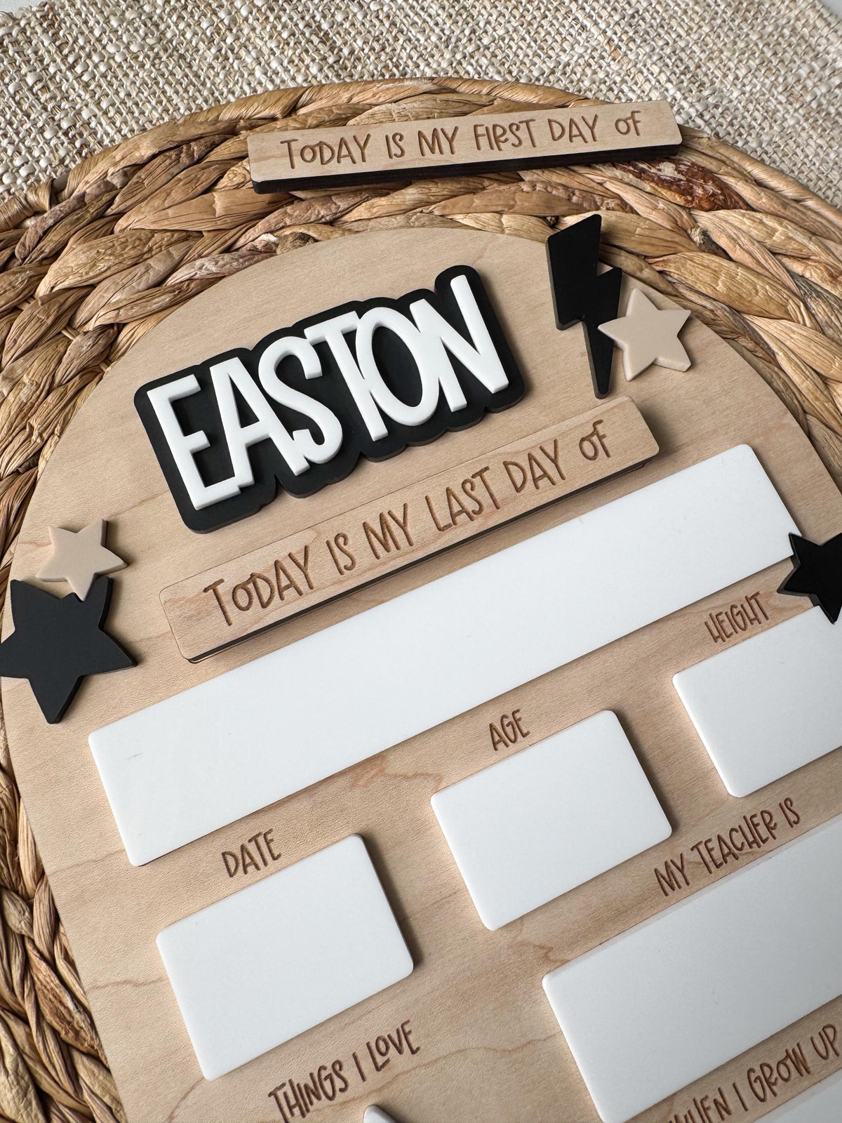 Lightning bolt back to school board, reusable interchangeable dry erase first and last day photo prop, personalized name.
