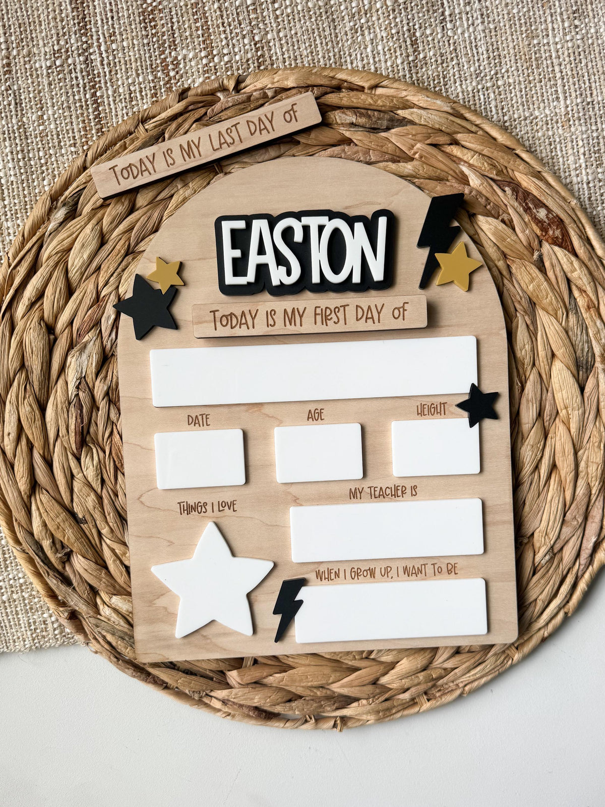 Maple wood and acrylic back to school photo prop, lightning bolt and stars, reusable first and last day sign.