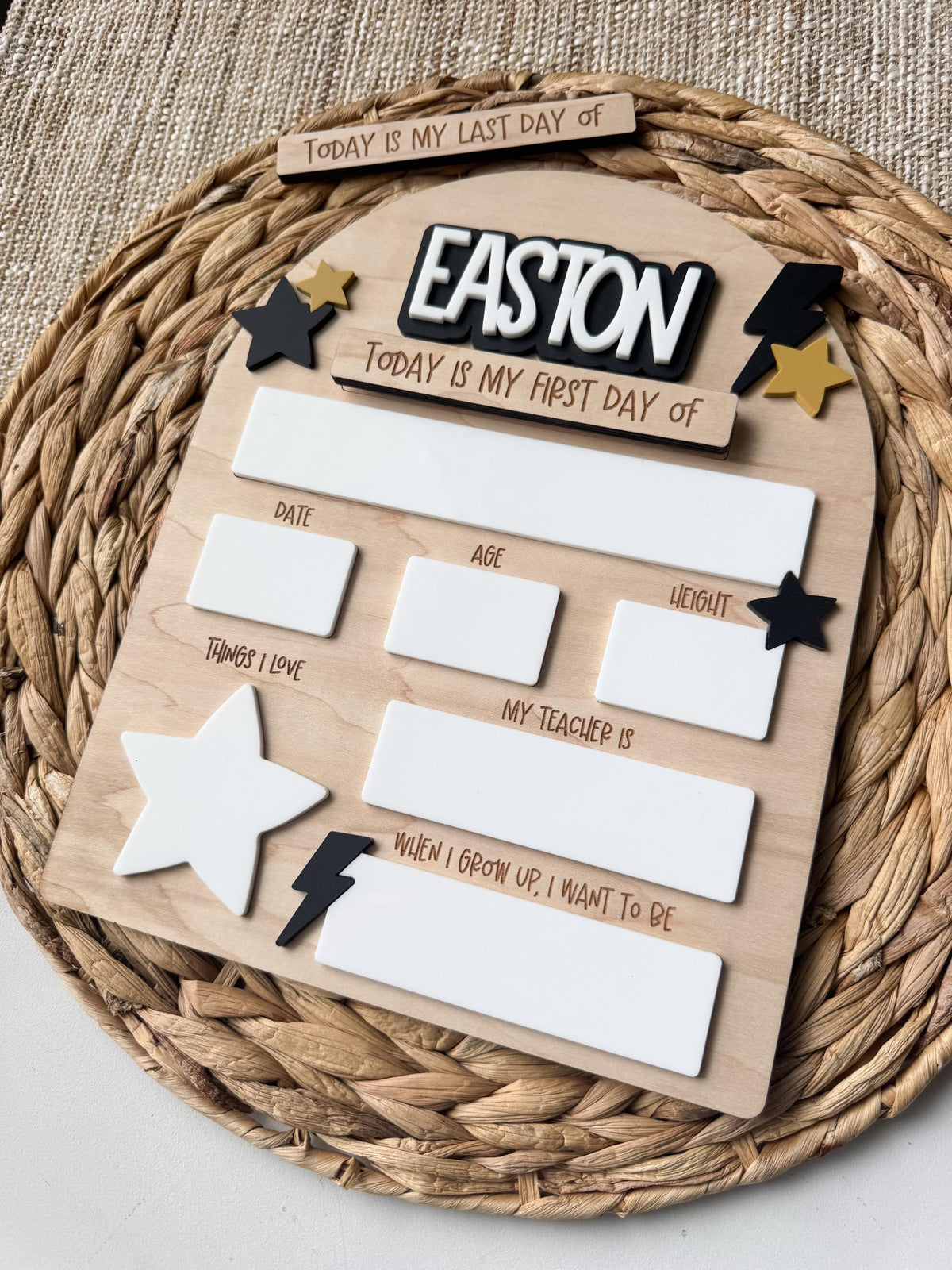 Lightning bolt back to school board, reusable dry erase first and last day photo prop, personalized name.