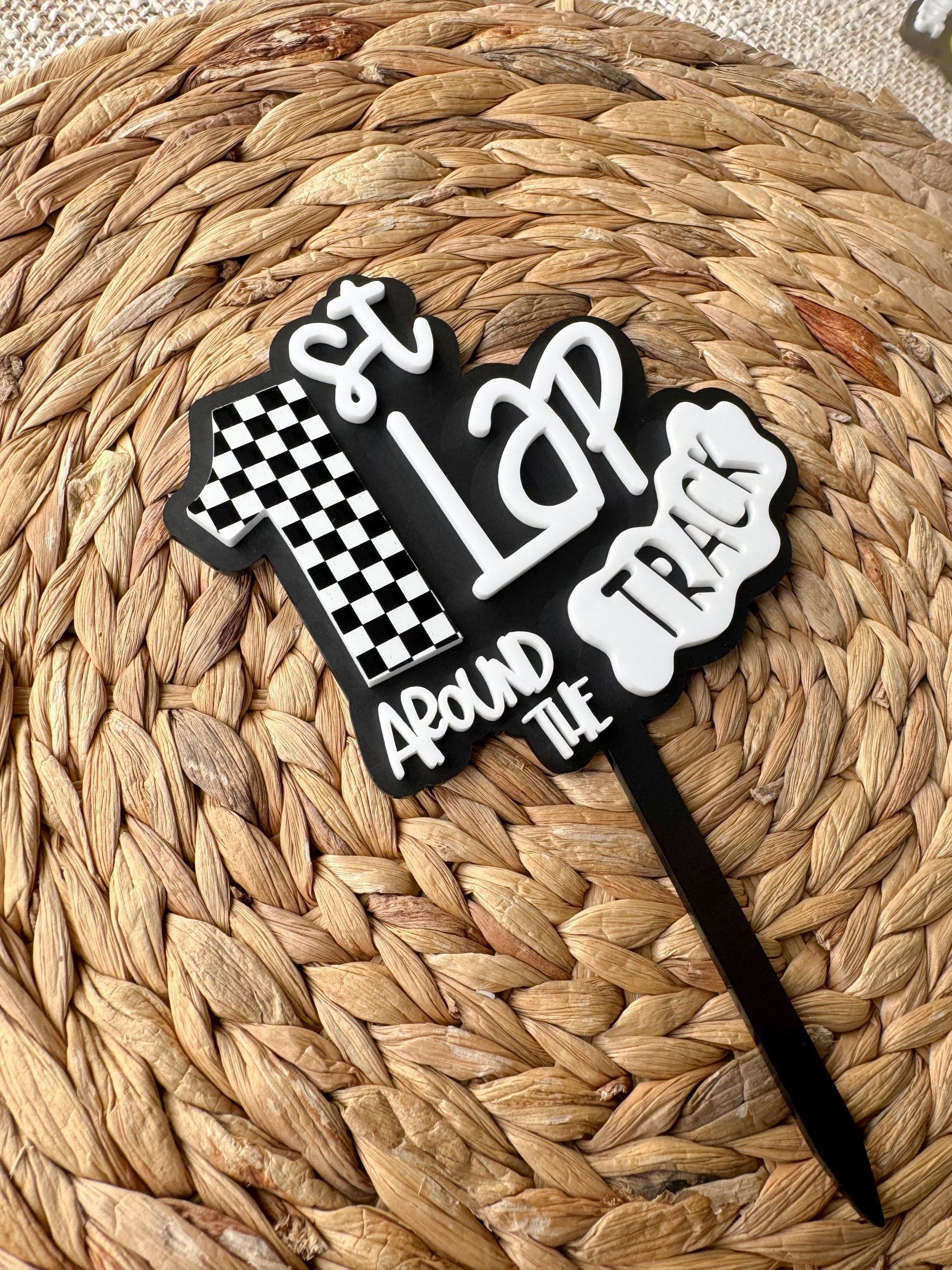 Dirt Bike 1st Birthday Cake Topper | Checkered Acrylic Race Car Decor