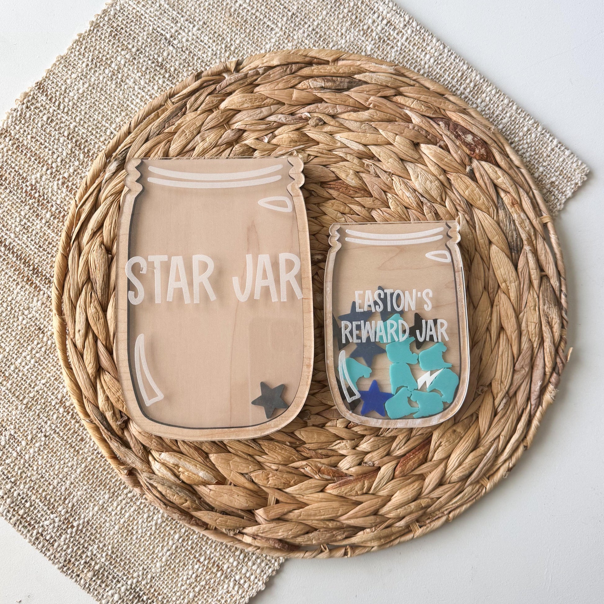 Personalized star reward jar displayed with star tokens, kids reward chart for home or school