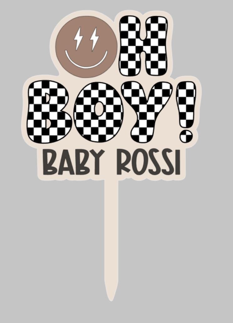 Baby Shower Cake Topper | Checkered Baby Name Topper | baby shower theme | gender reveal party decor | Checker Decor | Oh Boy Cake Topper