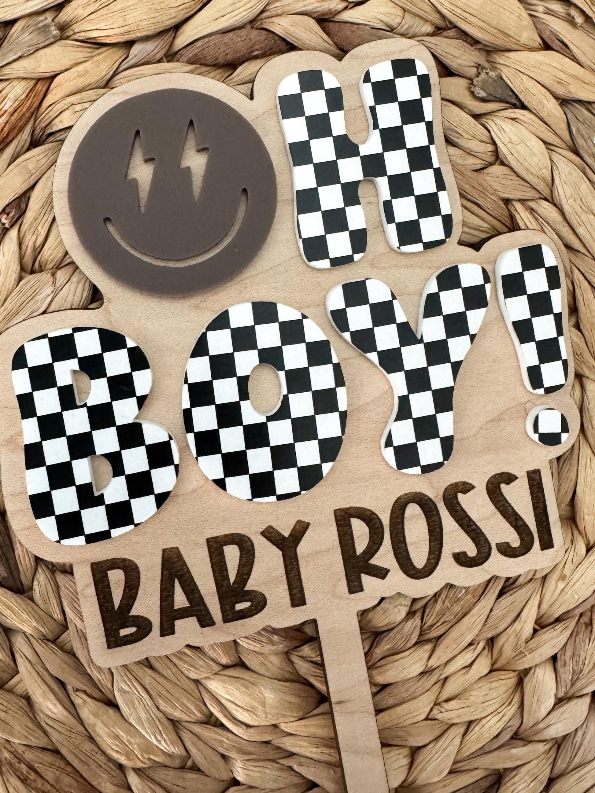 Personalized Oh Boy baby shower cake topper showing checkerboard design and custom name