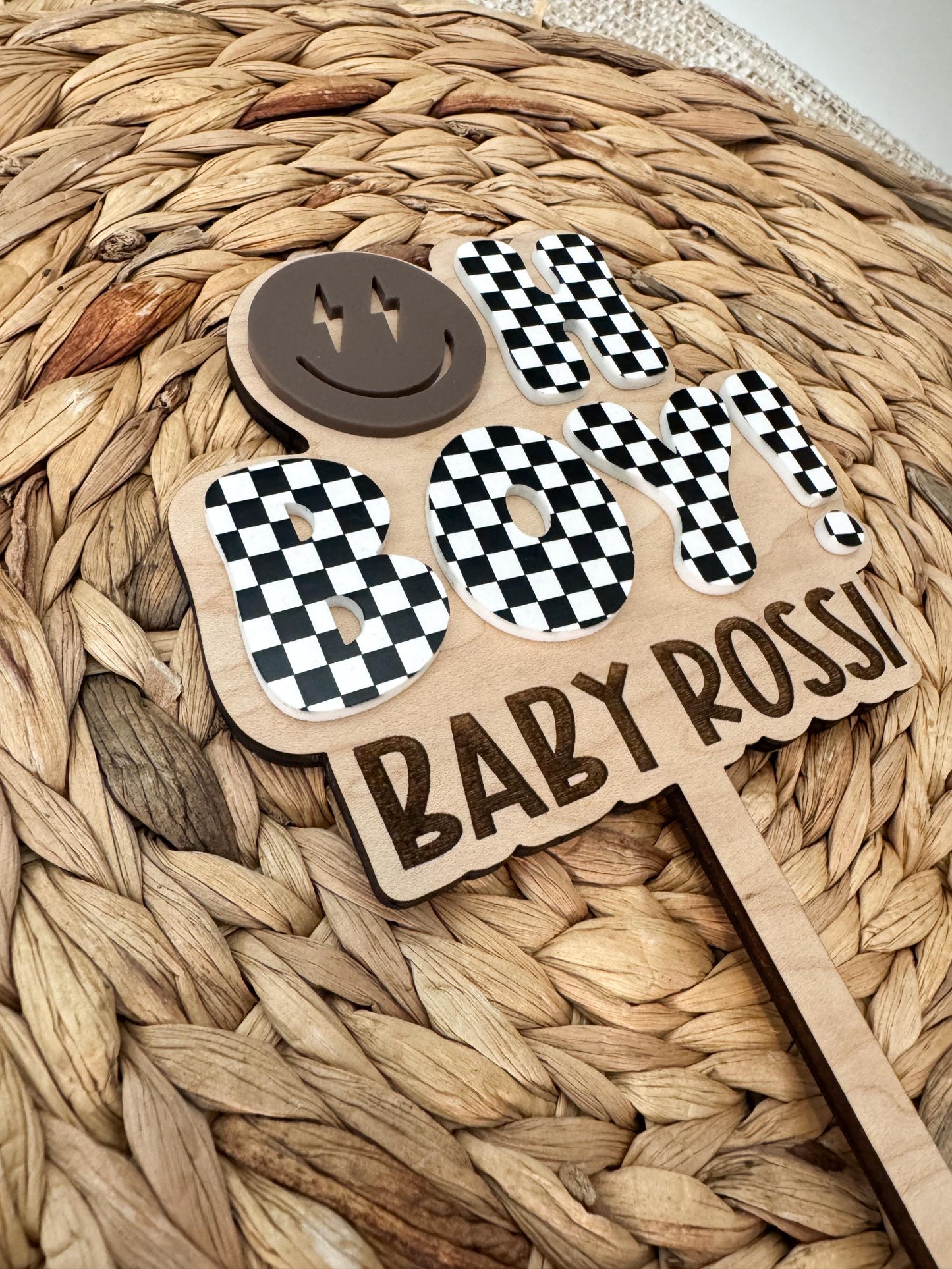Baby Shower Cake Topper | Checkered Baby Name Topper | baby shower theme | gender reveal party decor | Checker Decor | Oh Boy Cake Topper